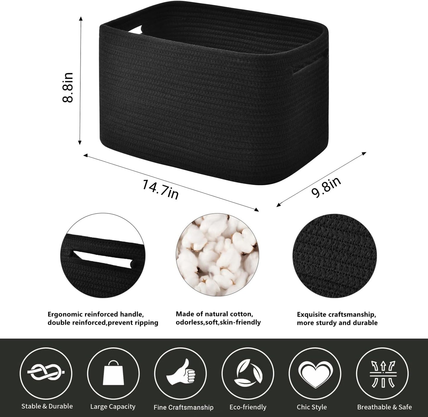 Issudata Storage Basket, Woven and Cotton Rope Baskets for Organizing, Decorative Book, Towel, Toy Baskets or Storage Bins for Living Room - 3 Pack, Black