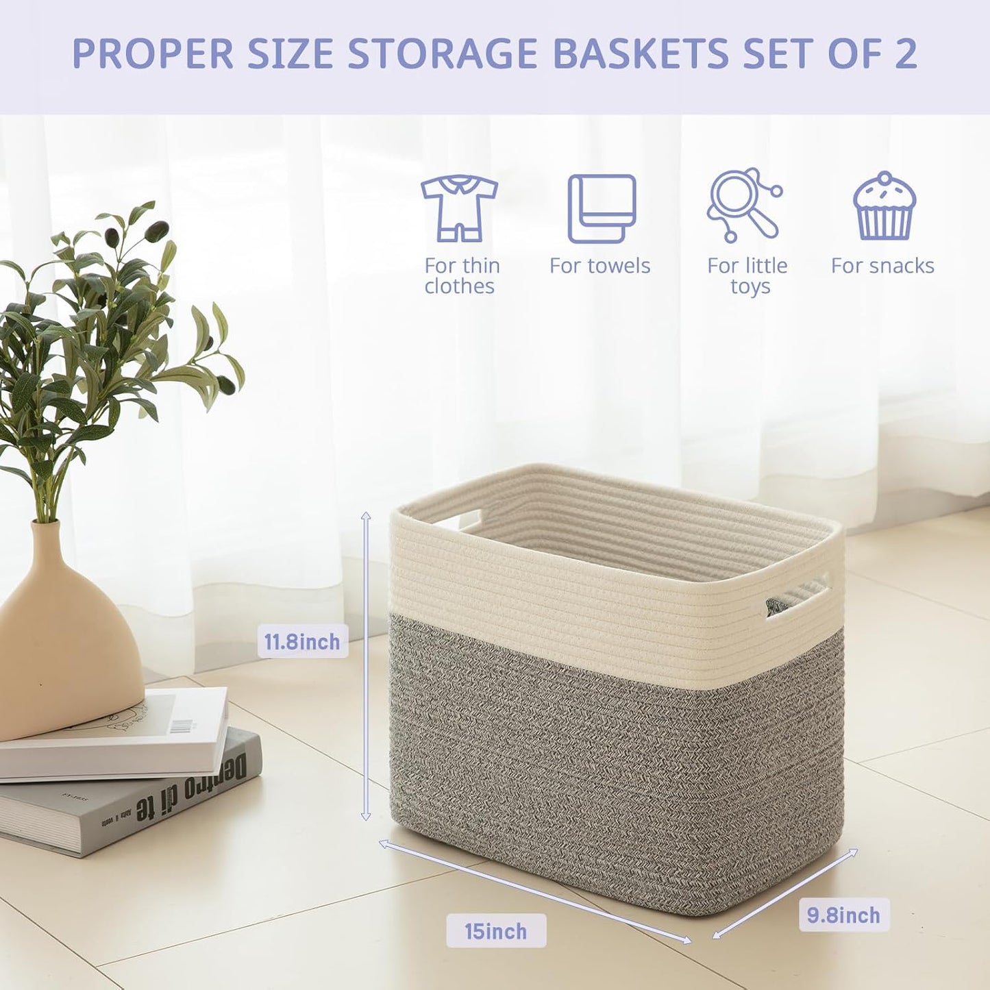 OIAHOMY 2 PACK Tall Storage baskets 30L Blanket Basket Living Room Grey | Large Collapsible Storage Bins Narrow Basket Baskets for Closet Organization Storage Baskets for Shelves Toy Storage Basket