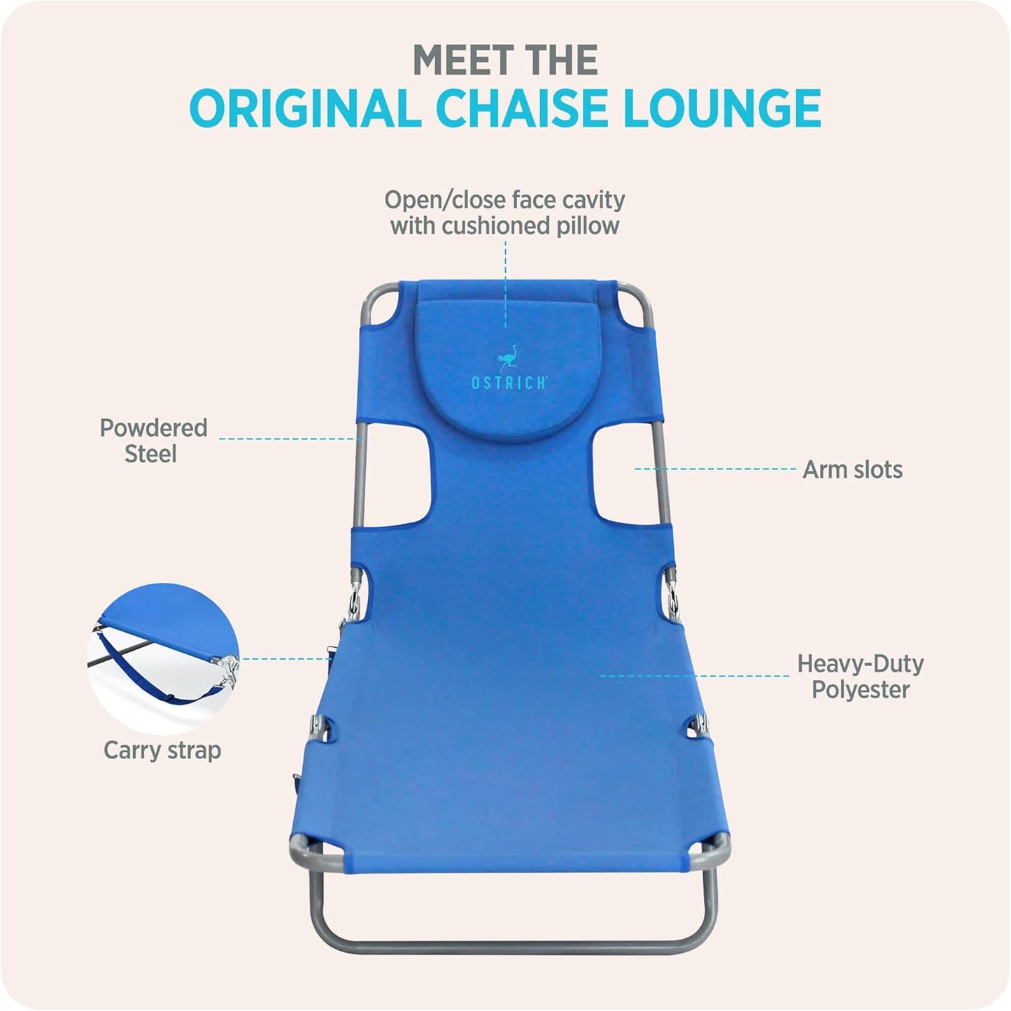 Ostrich the Original Chaise 72 x 22 Inch Lounge Portable Reclining Lounger, Outdoor Patio, Beach, Lawn, Camping, or Pool Tanning Chair, Ocean Blue