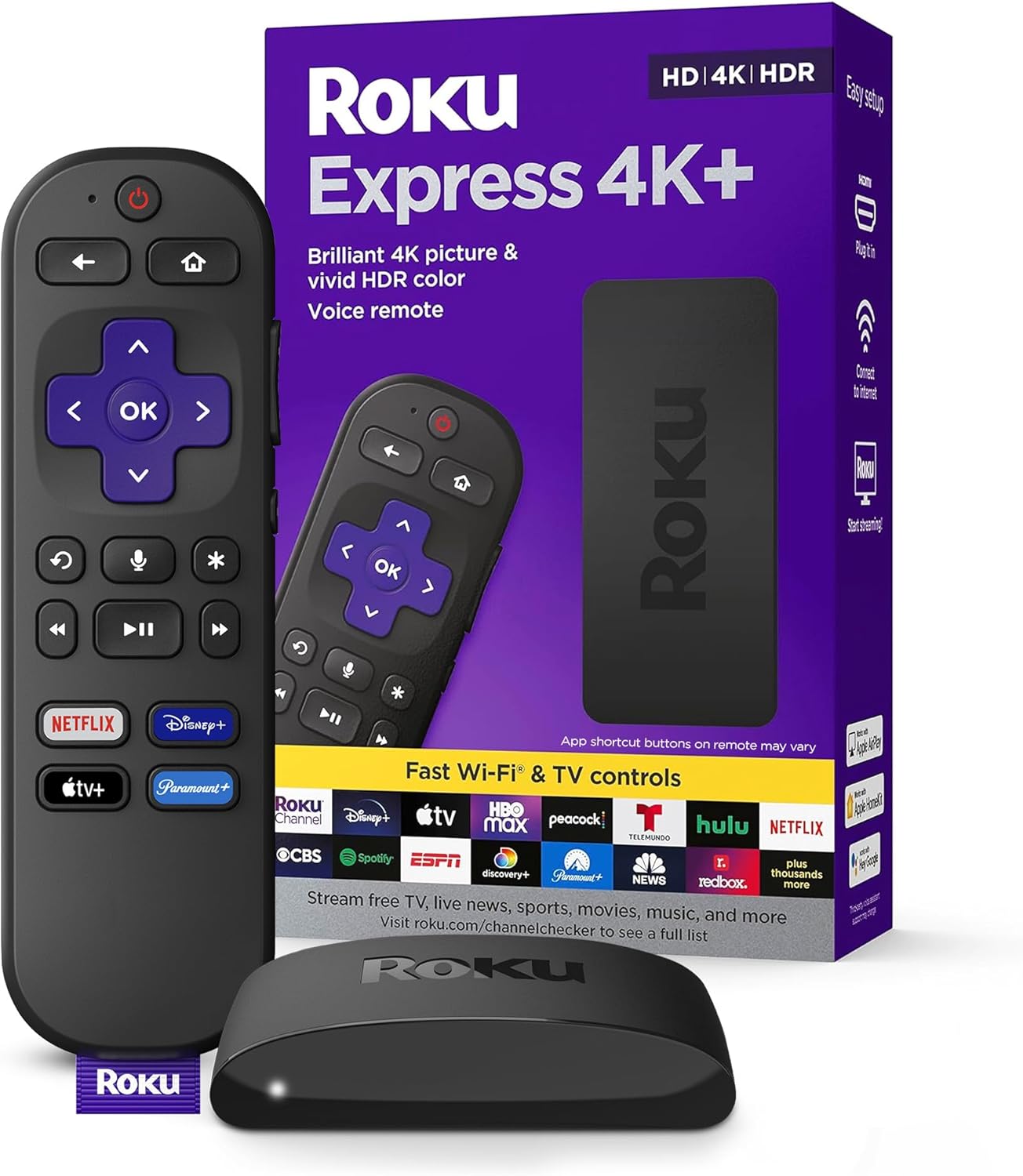 Roku Express 4K+ | Roku Streaming Device 4K/HDR with Voice Remote, Free & Live TV
