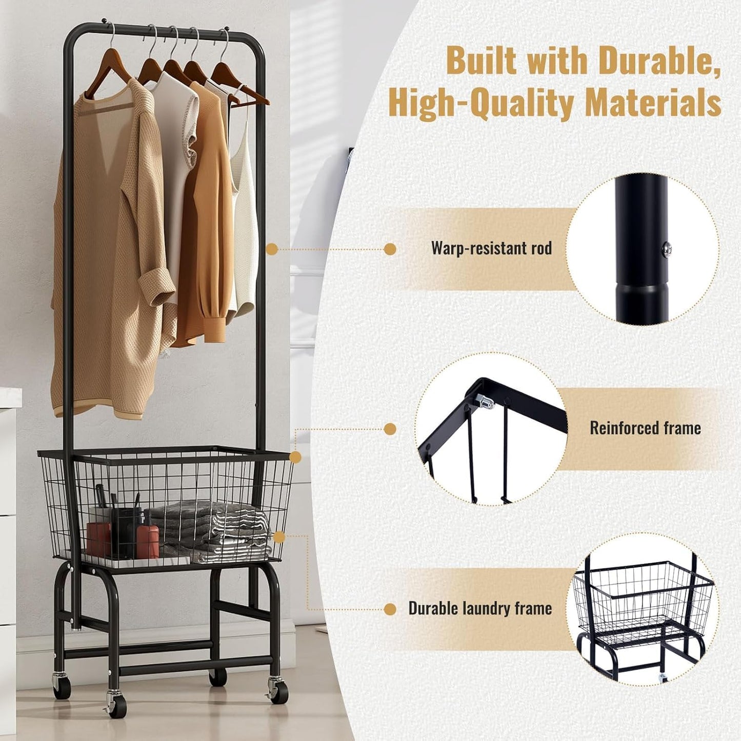 ALIMORDEN Laundry Cart with Clothes Rack, Rolling Laundry Butler with Wire Storage Rack，Black