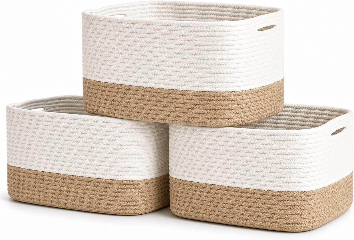 OrganiHaus Cotton Rope Baskets for Shelves, Set of 3, 15x9x10 | Handwoven; a toy bin and organizer for towels, books, or blankets; fits nursery, playroom, or bedroom decor