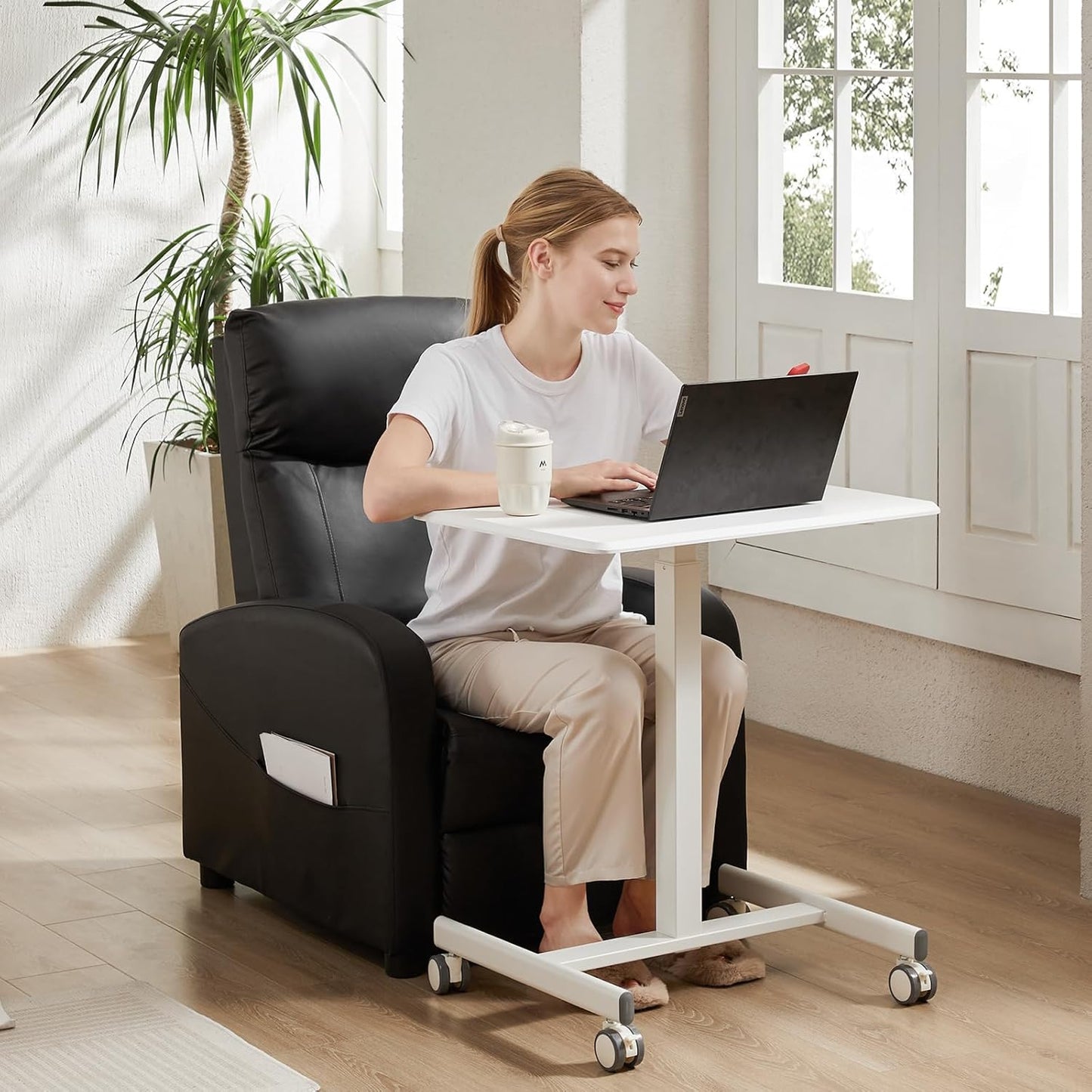 DUMOS Small Rolling Desk Mobile Standing Portable Laptop PC Table with Wheels Adjustable Height Computer Workstation for Home Office, Space Saving Desk for Bedroom Study Use, White