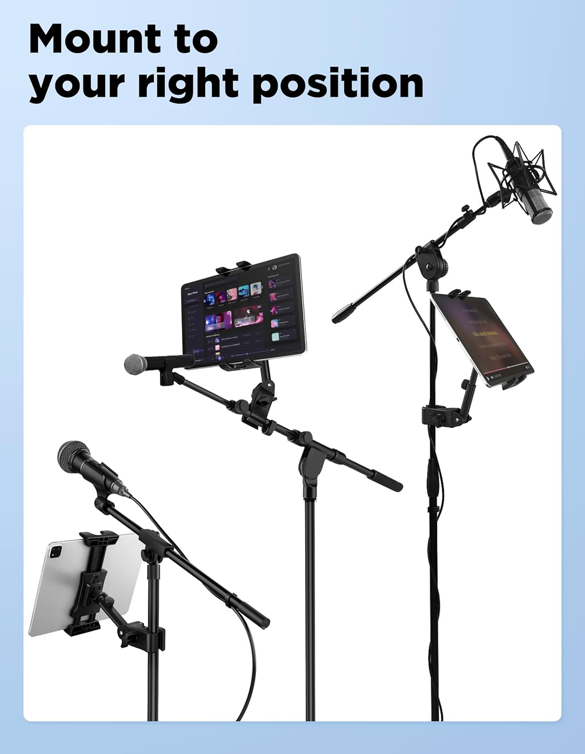 Tablet Holder for Mic Stand with Power Bank Clip - Adjustable iPad/iPhone Mount for Music Stand, Compatible with Screen Devices from 4.7-13.5" Smartphones, Android - Outdoor Streaming & Recording