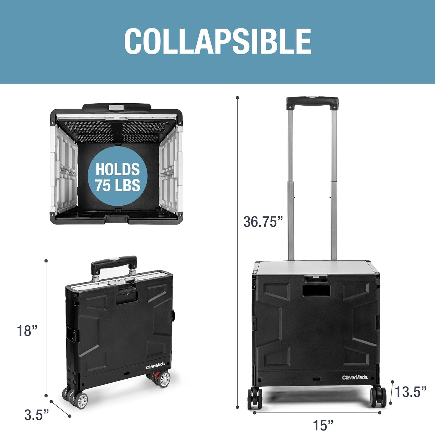 CleverMade Collapsible Crate on Wheels with Handle (35L, 4-Wheel) – Collapsible Rolling Cart with Lid, Foldable Utility Cart for Teachers, Groceries, Travel, Office Storage – Holds 75 lbs, Cool Gray