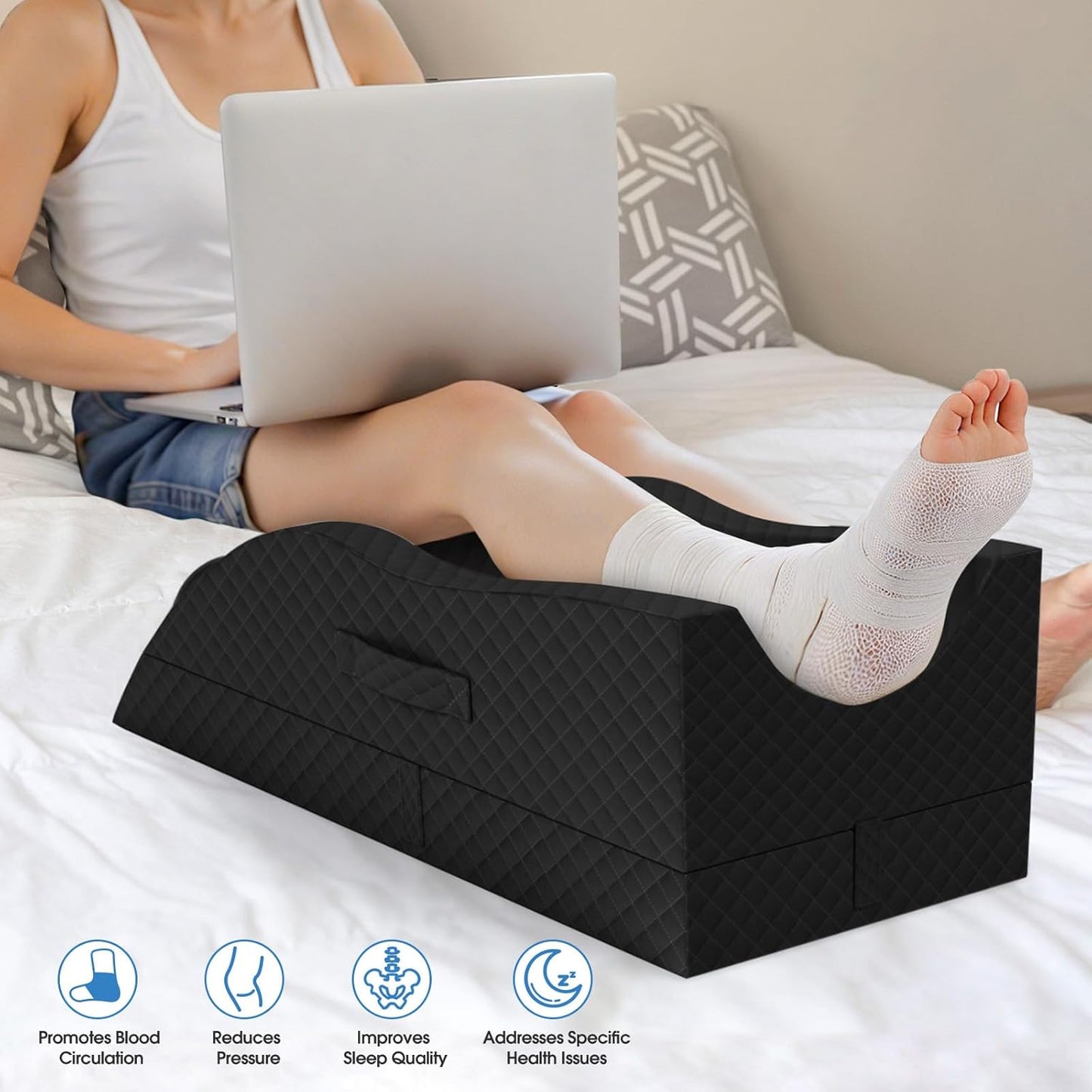 TranquilRelax Elevation Pillows for Leg After Surgery, Memory Foam Adjustable Wedge Pillow for Injury or Rest, Ankle Pillow for Sleeping Blood Circulation, Full-Black/Single Leg