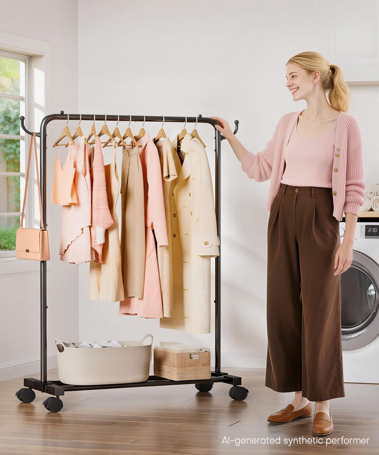 Homde Rolling Clothes Rack with Hooks: Standing Garment Storage for Indoor - Hanging Rod for Bedroom Laundry Room - Coat Dress Organizer on Wheels with luggage shelf (Black, 31.5")