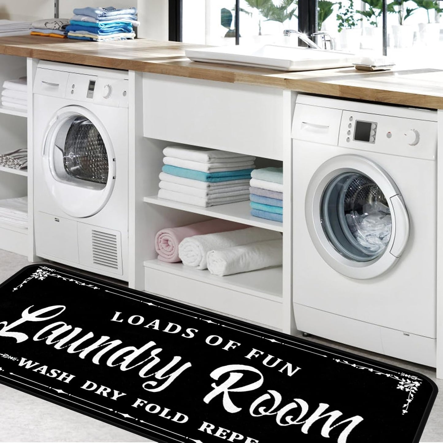 Black-1 Farmhouse Laundry Room Rug Runner, Non-Slip Floor Mat, Waterproof for Kitchen, Bathroom, and Mudroom Decor 20''x48''