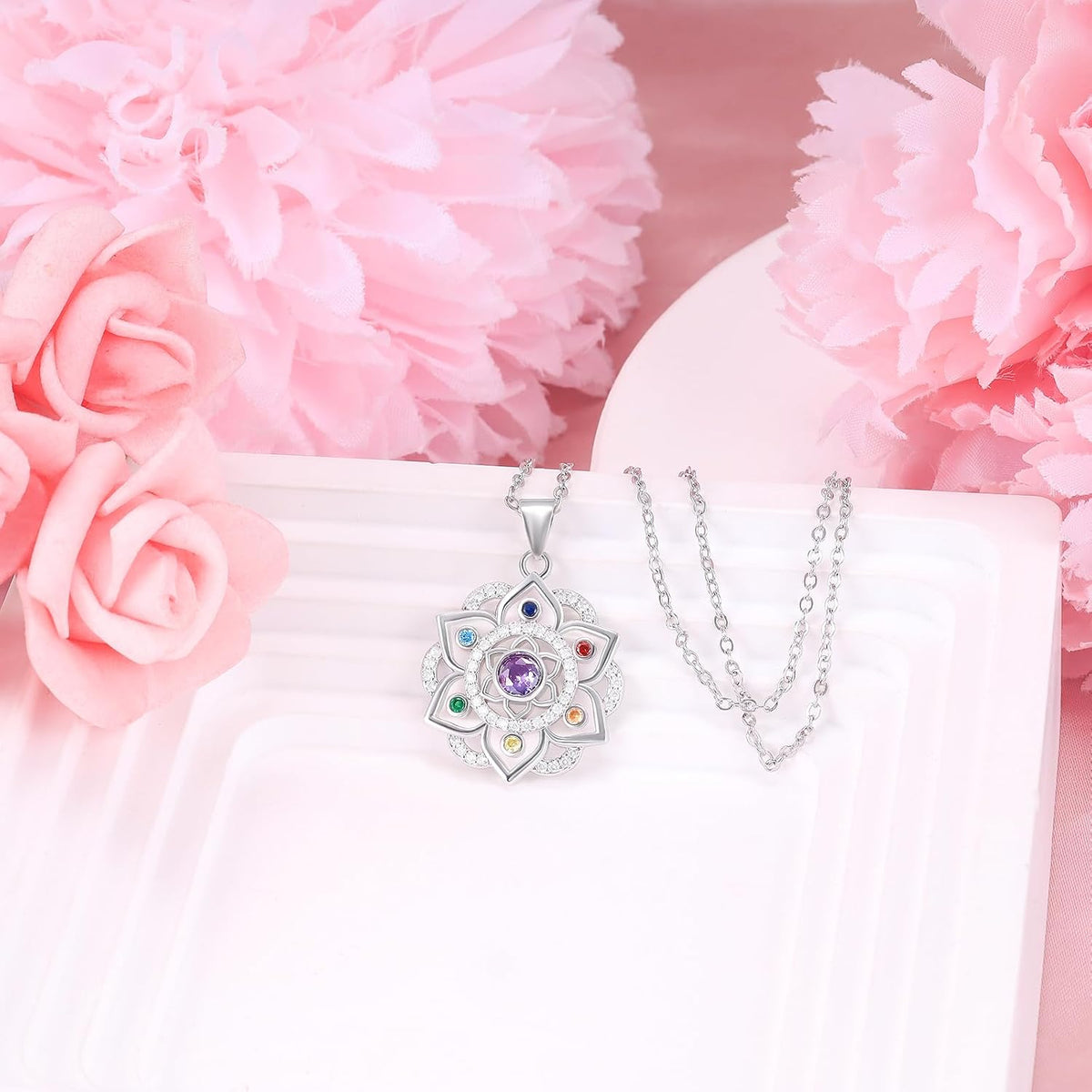 Lotus Necklace 925 Sterling Silver Chakra Flower Pendant Necklace 7 Colorful Rainbow Yoga Lotus Jewelry for Women Wife Mother's Day Birthday Valentines Gifts