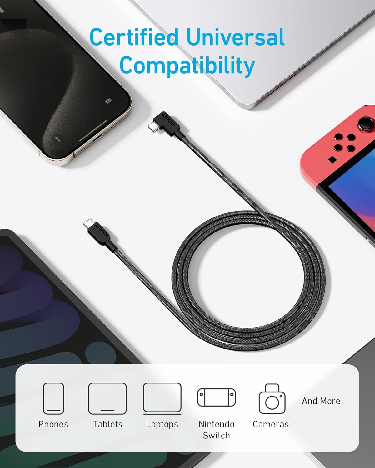 Anker USB C to USB C Right Angle Cable, 240W 90 Degree Type-C Braided Charging Cord for iPhone 17 Series and More (2Pack 6FT Black)