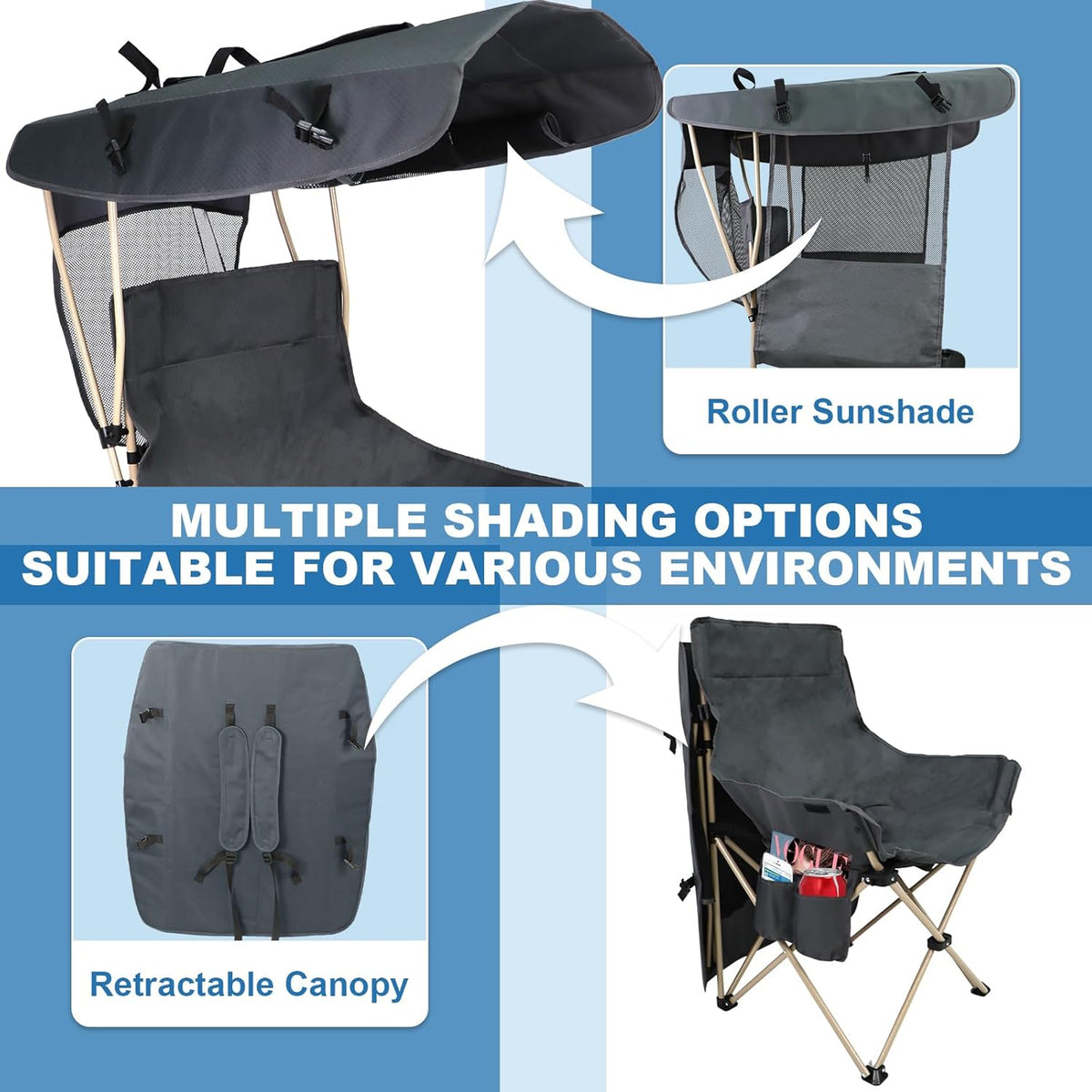 Folding Camping Chairs Canopy Outdoor: Sports Portable Beach Chair with Canopy-Lawn Beach Chairs with Umbrella for Adults-Camping Chair with Shade for Fishing Camp Heavy Duty (Regular, Grey)