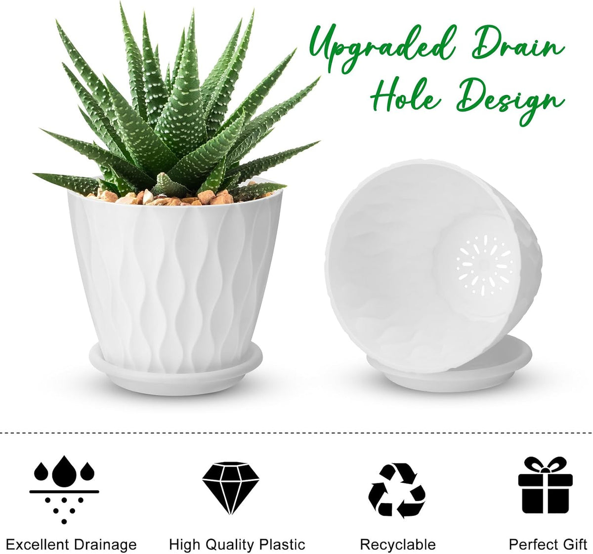YNNICO 4 inch Plant Pots, 5 Pack Flower Pots Outdoor Indoor, Planters with Drainage Holes and Tray Saucers（White）