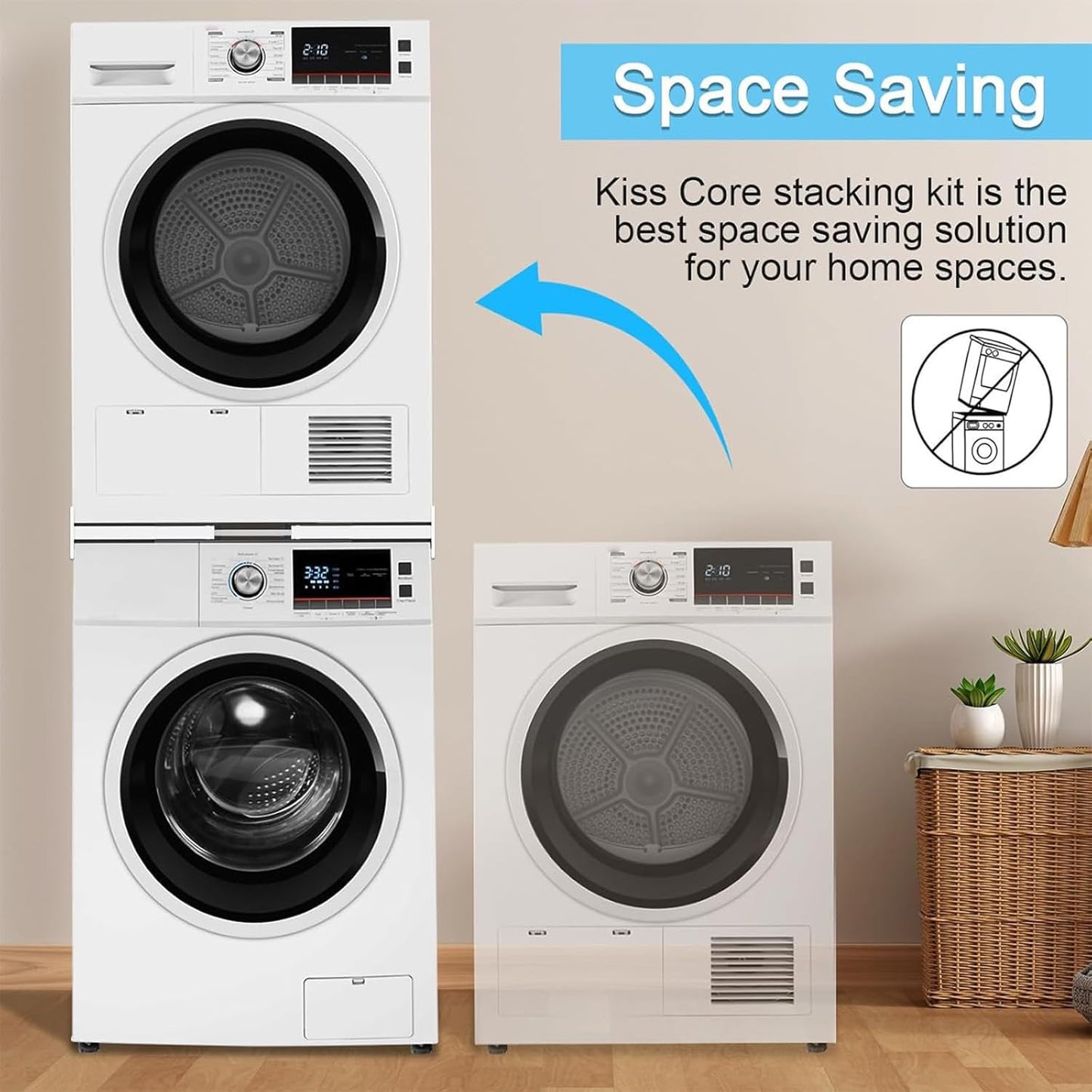 Kiss Core Upgrade Washer Dryer Stacking Kit, Universal Washer Dryer Stacking Kit Adjustable 29/28/27/26/25/24 Inch, Small Space Saving Solution Stacking Kit for Washer and Dryer with Ratchet Strap