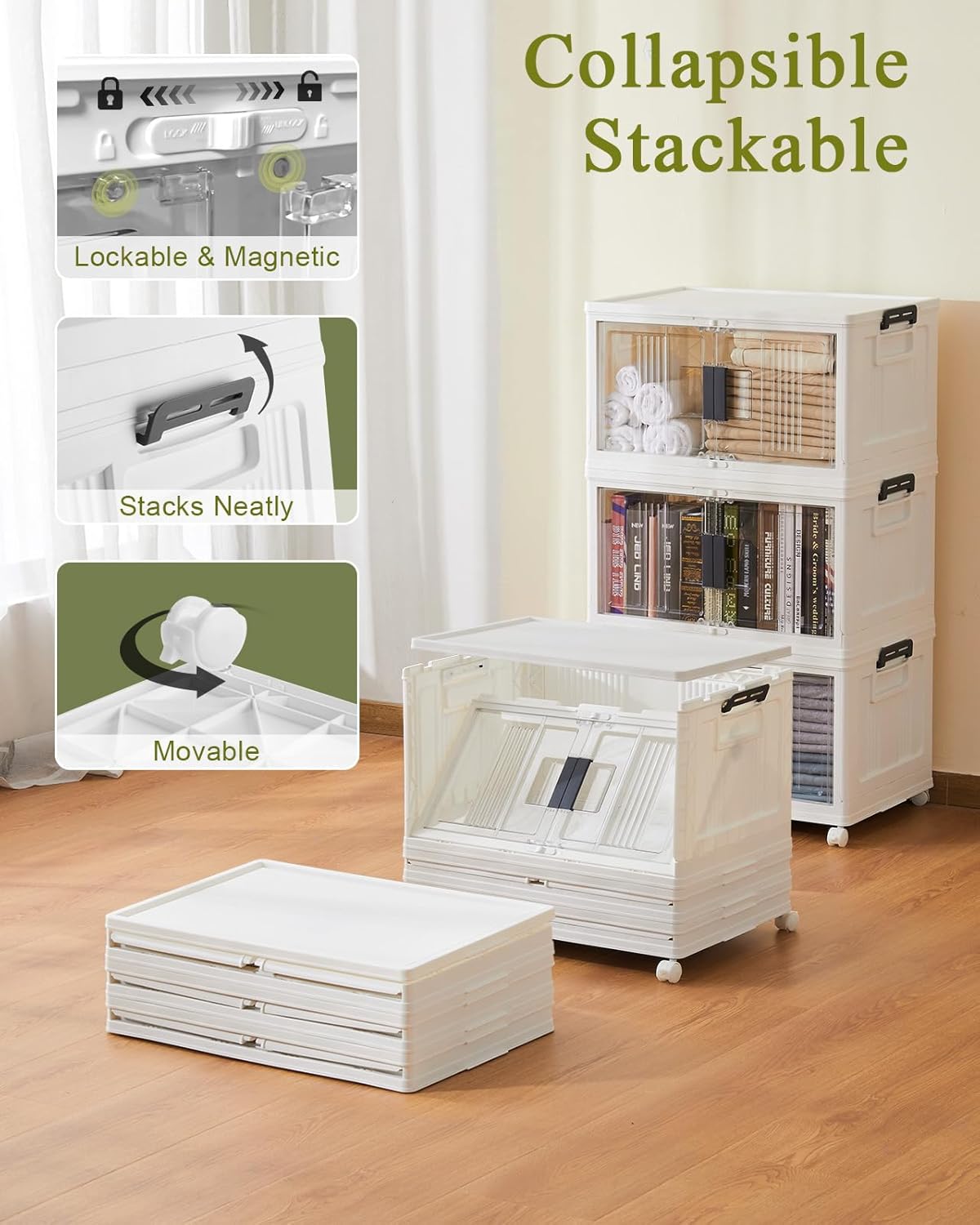 OlarHike 144QT Lockable Storage Bins with Lids - Folding Storage Cabinet with Doors & Wheels, Collapsible Plastic Box for Closets, Office, Gathering, Stackable Organizer & Containers, Gifts, 3 Pack