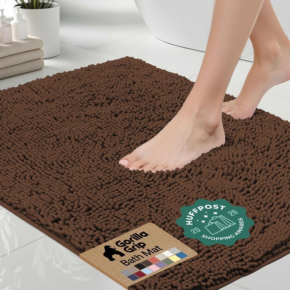 GORILLA GRIP Bath Rug Mat, Thick Soft Absorbent Chenille, Quick Dry Microfiber Mats, Rubber Backing Washable Shower Floor Rugs, US Designed Bathroom Bathmat Home Decor Accessories, 24x17, Brown