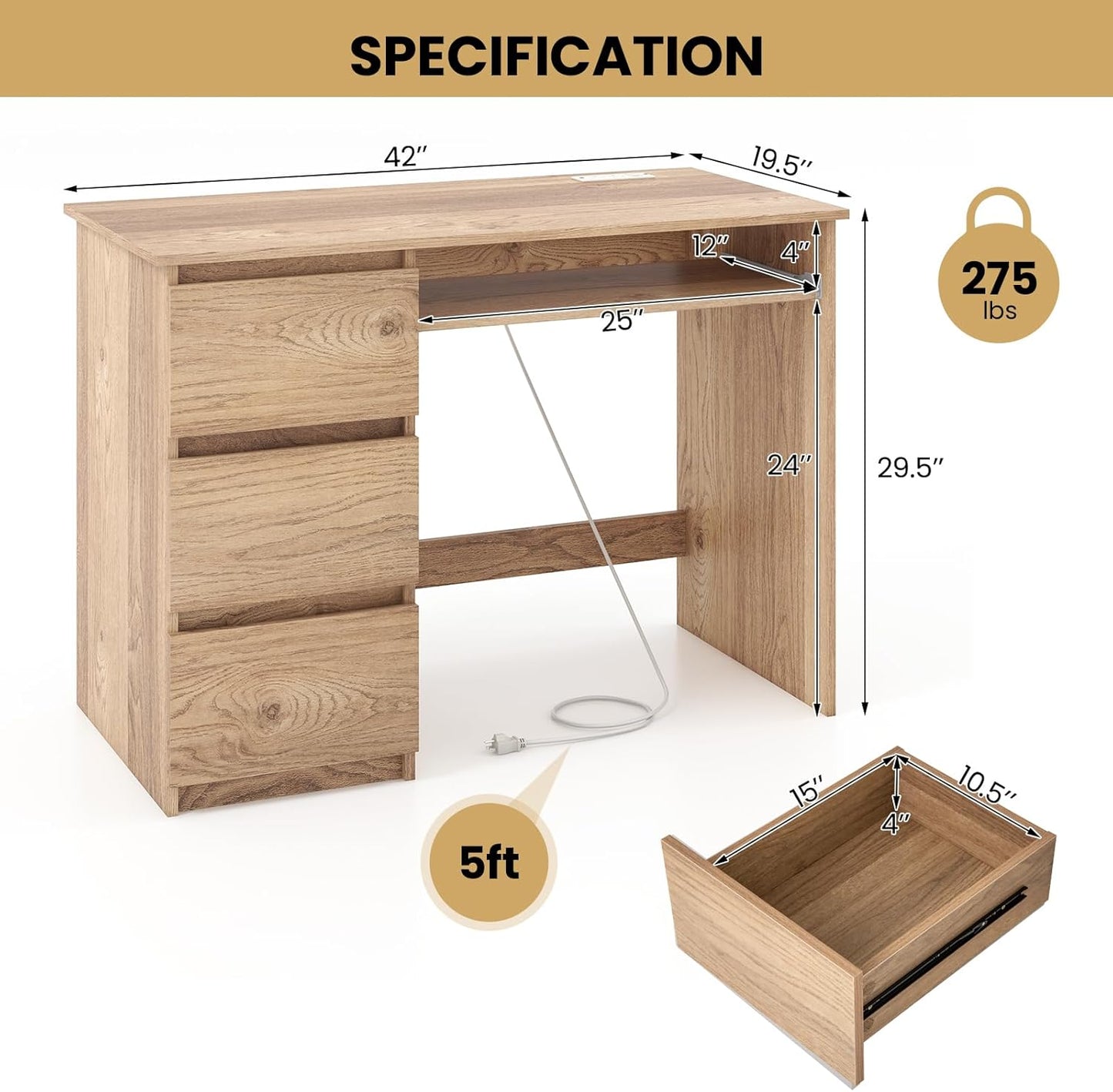 Tangkula Computer Desk with 3 Storage Drawers & Built-in Charging Station, Home Office Desk with Keyboard Tray, PC Desk Study Writing Desk, Vanity Table for Bedroom, Computer Workstation (Natural)