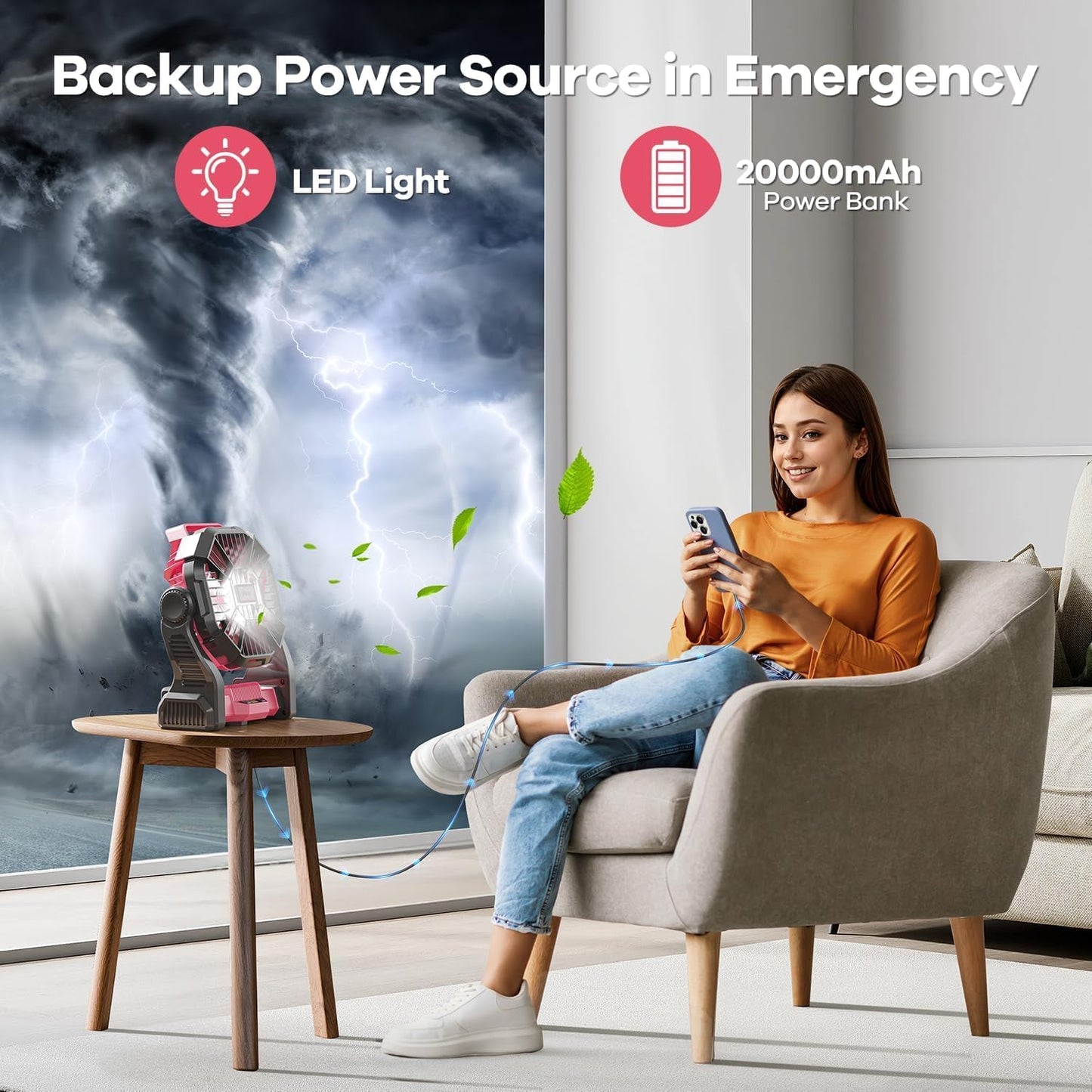 DOWILLDO 20000mAh Portable Battery Powered Camping Fan - with LED Light, Quiet Battery Operated, Camping Gear for Travel, Tent, Beach, Car or Hurricane Power Outages, Pink