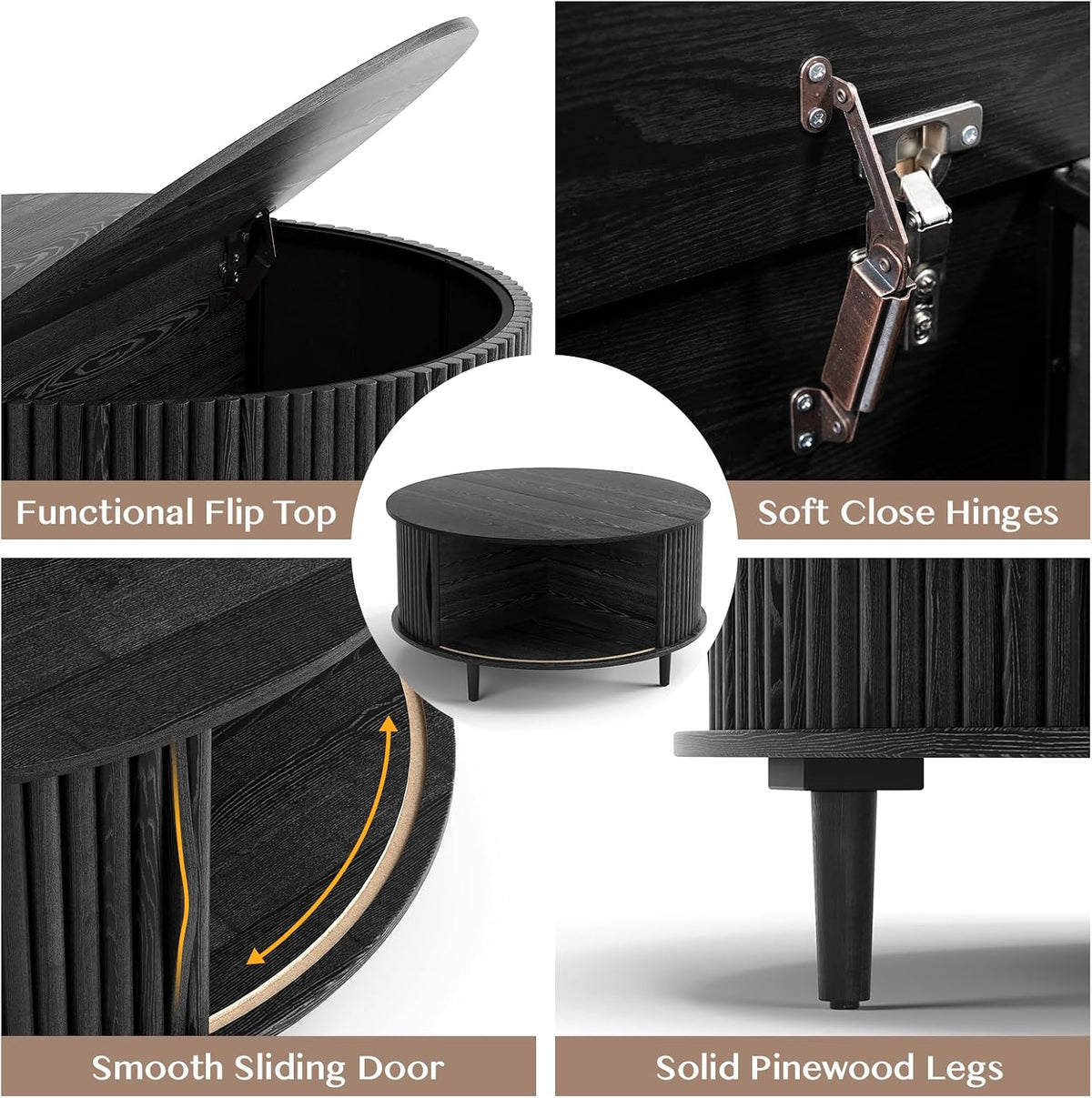 JOINICE Black Round Coffee Table with Storage for Living Room,31.5"