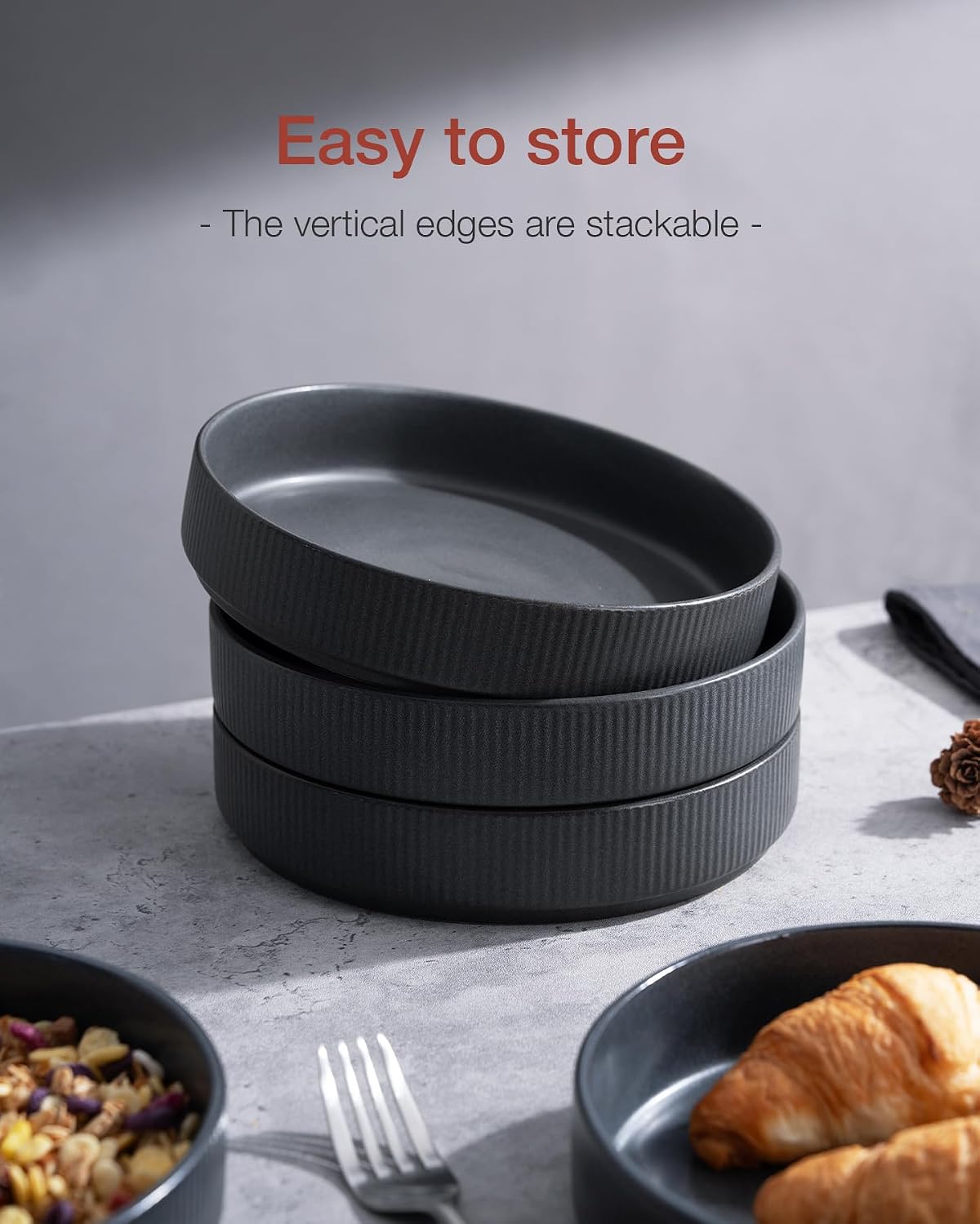 famiware Star 8.25" Pasta Bowls Set of 6, Bowl Plates, Matte Dark Charcoal