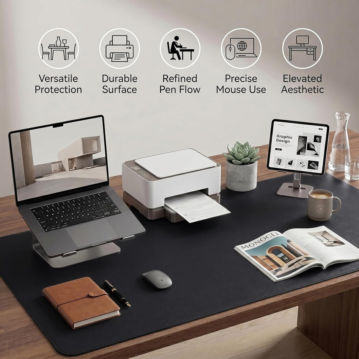 Large Desk Pad Non-Slip Desk Mat Protector for Keyboard Mouse Waterproof Vegan Leather Surface Faux Leather Laptop Mat Smooth Mouse Pad Premium Gift Tube Obsidian Black 31.5" x 15.7"