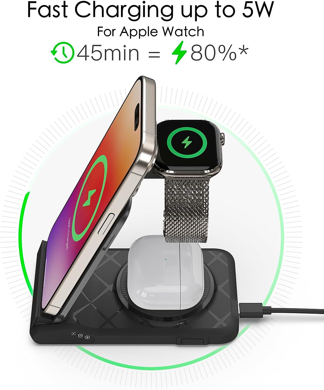 3 in 1 Charging Station for Multiple Devices,Travel Wireless Charging Station, Foldable Charger for iPhone 17 Air 16 15 14 13 12 Series,& Android Phone,& iWatch (USB-C Adapter Included)