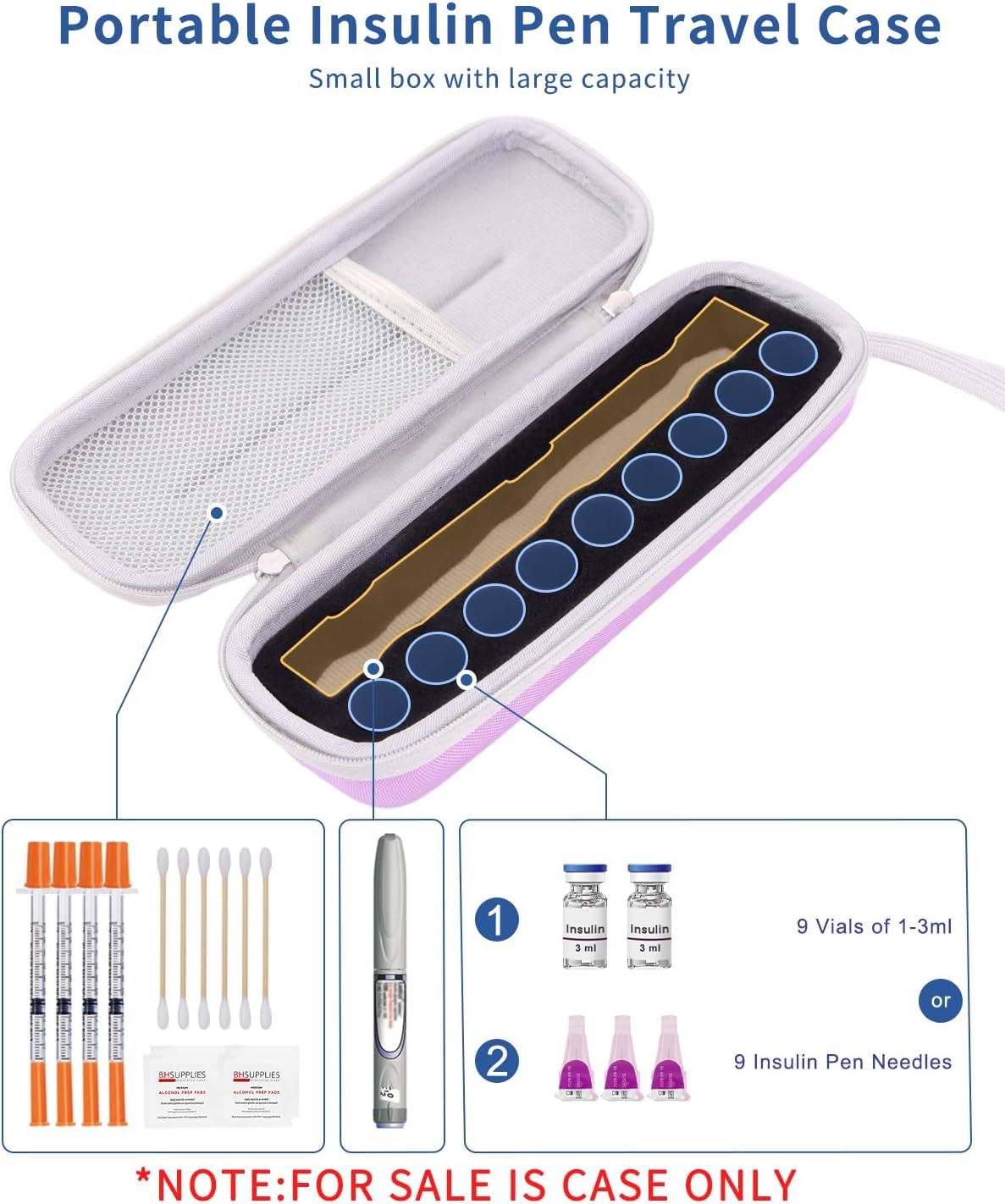 Krypthos Diabetic Supplies Travel Carrying Case, Daily Use Insulin Pen Holder Case for Insulin Vials, Insulin Pens, and Needle Storage (Violet)