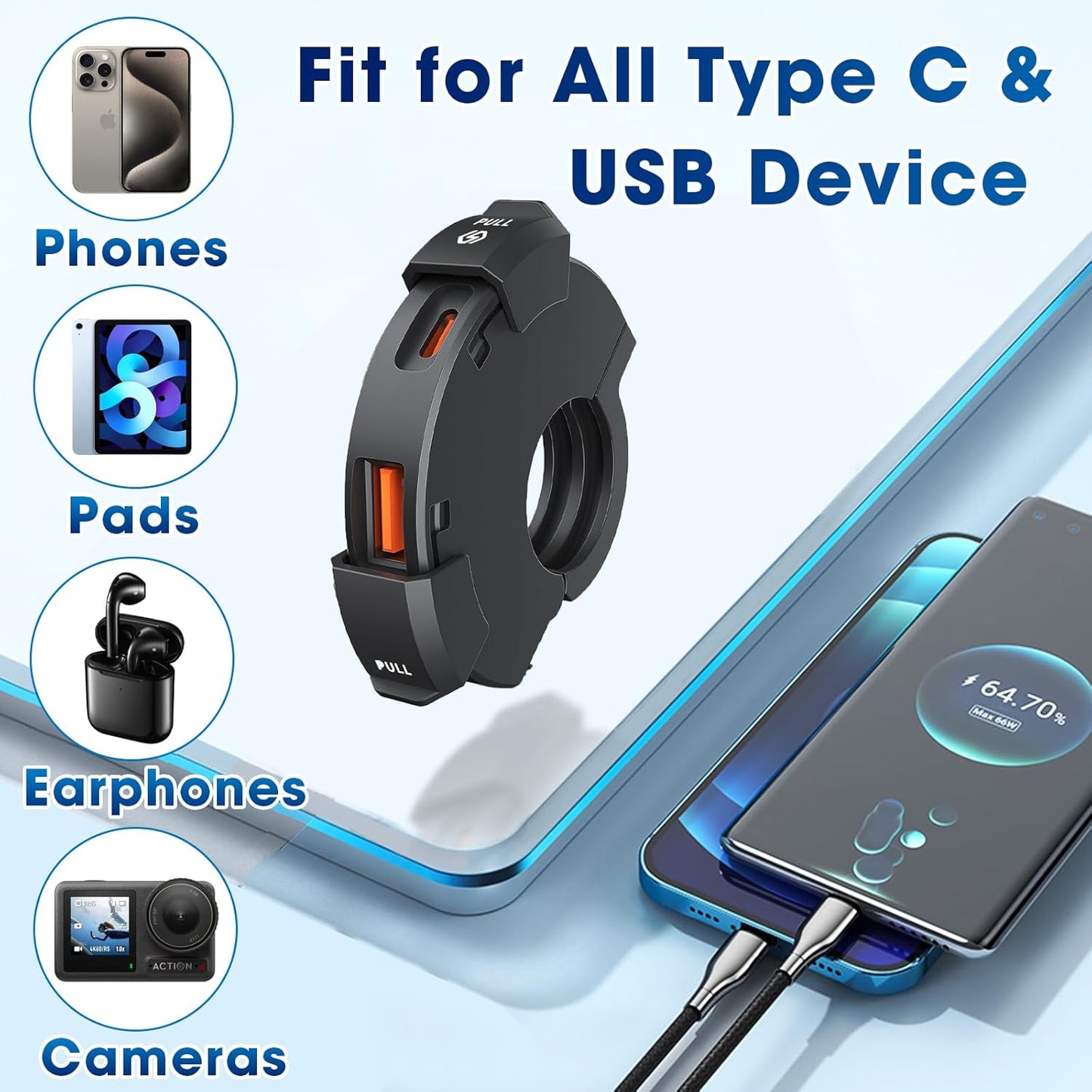 Motorcycle Phone Charger 30W PD Type-C 18W USB Quick Charger Ultra-Narrow SAE to USB Adapter IP65 Waterproof Motorcycle Accessories for Phones/Tablets