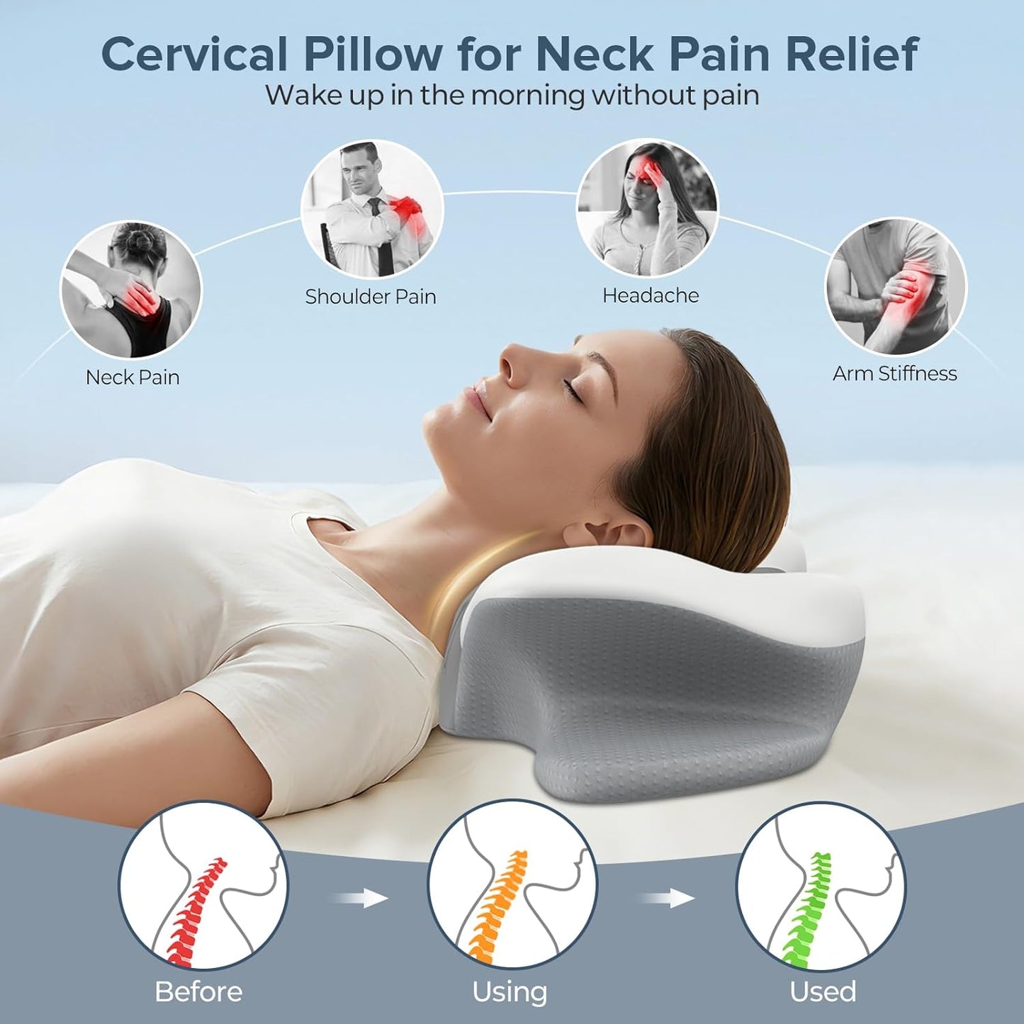 beslovo Cervical Neck Pillow for Pain Relief, Ergonomic Side Sleeper Pillow, Orthopedic Neck Support Contour Memory Foam Pillow for Side Back Stomach Sleepers, Ideal for Office Travel (Grey&White)