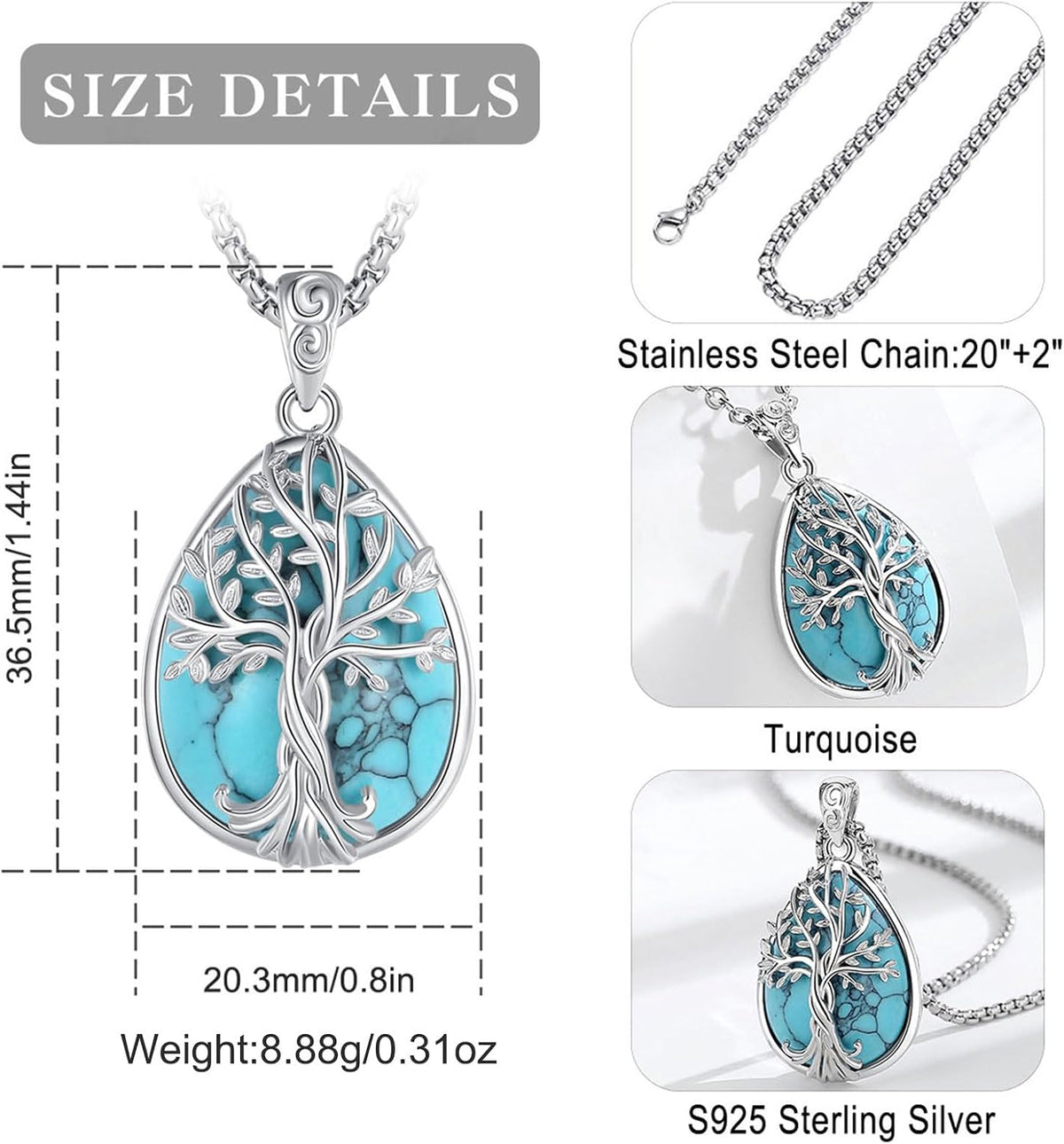 EUDORA Moonstone Turquoise Necklace for Women S925 Sterling Silver, Angel Tears Water Droplets Pendant Grandma Necklace Jewelry for Women Gifts for Mother in Law Mothers Day Gifts for Mom, 20"