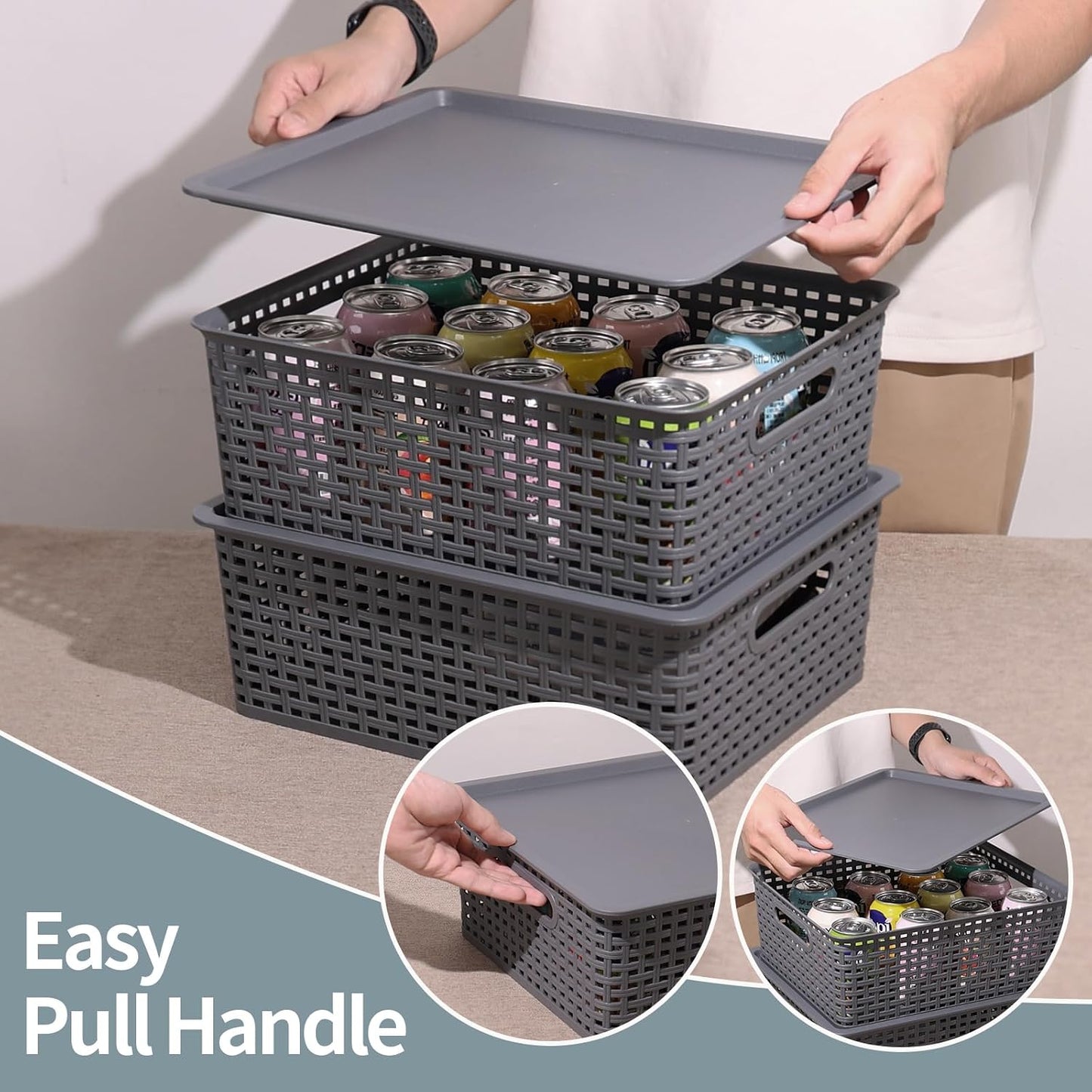 6 Pack Plastic Storage Bins with Lids, Stackable Storage Baskets with Handles, Plastic Organizer Container Bins for Desk,Shelves,Office, Pantry Organizers and Storage, Grey