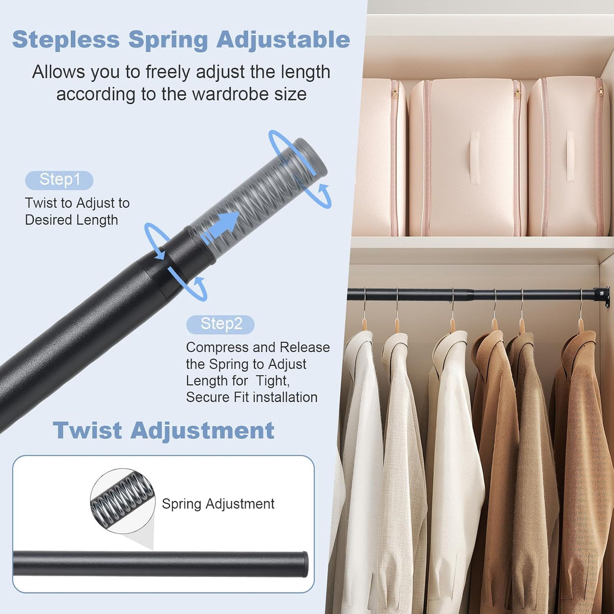 Closet Rods For Hanging Clothes,17-39 Inches Stepless Spring Adjustable Closet Rod With bracket U-shaped,1.3 Inches Heavy Duty Closet Hanging Rod For Wardrobe,Laundry room,Bathroom And Windows