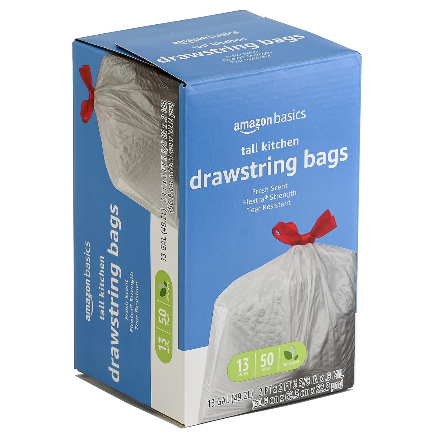 Amazon Basics Flextra Strength Tall Kitchen Drawstring Trash Bags,Fresh Scent,Tear Resistant,13 Gallon,50 Count (Pack of 2)
