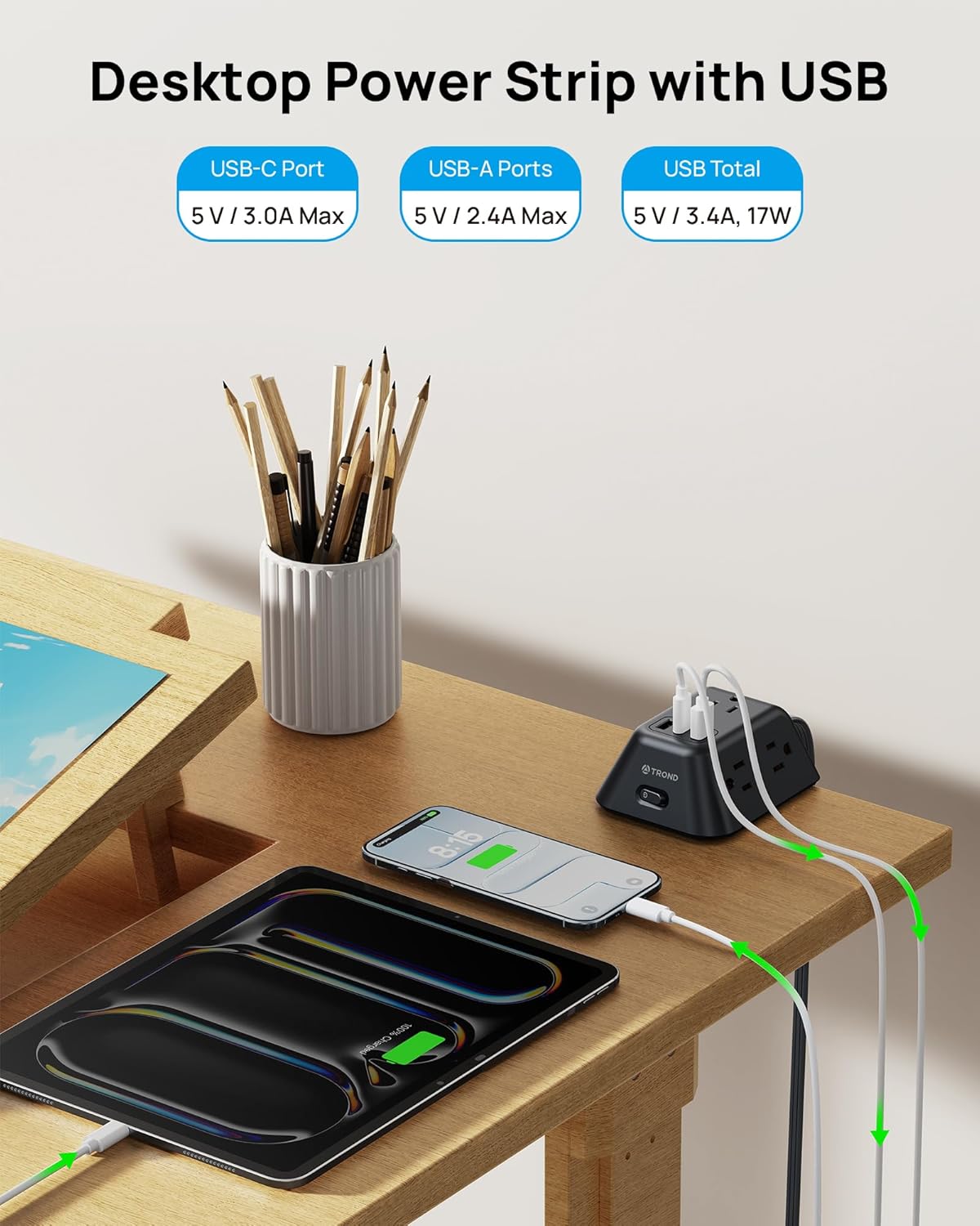 Desk Clamp Power Strip, Surge Protector with 5 AC Outlets and 3 USB Ports, Desk Mount Charging Station, Fit 1.97in Tabletop Edge Thick, 6FT Extension Cord, for Home Office Gaming Accessories, Black