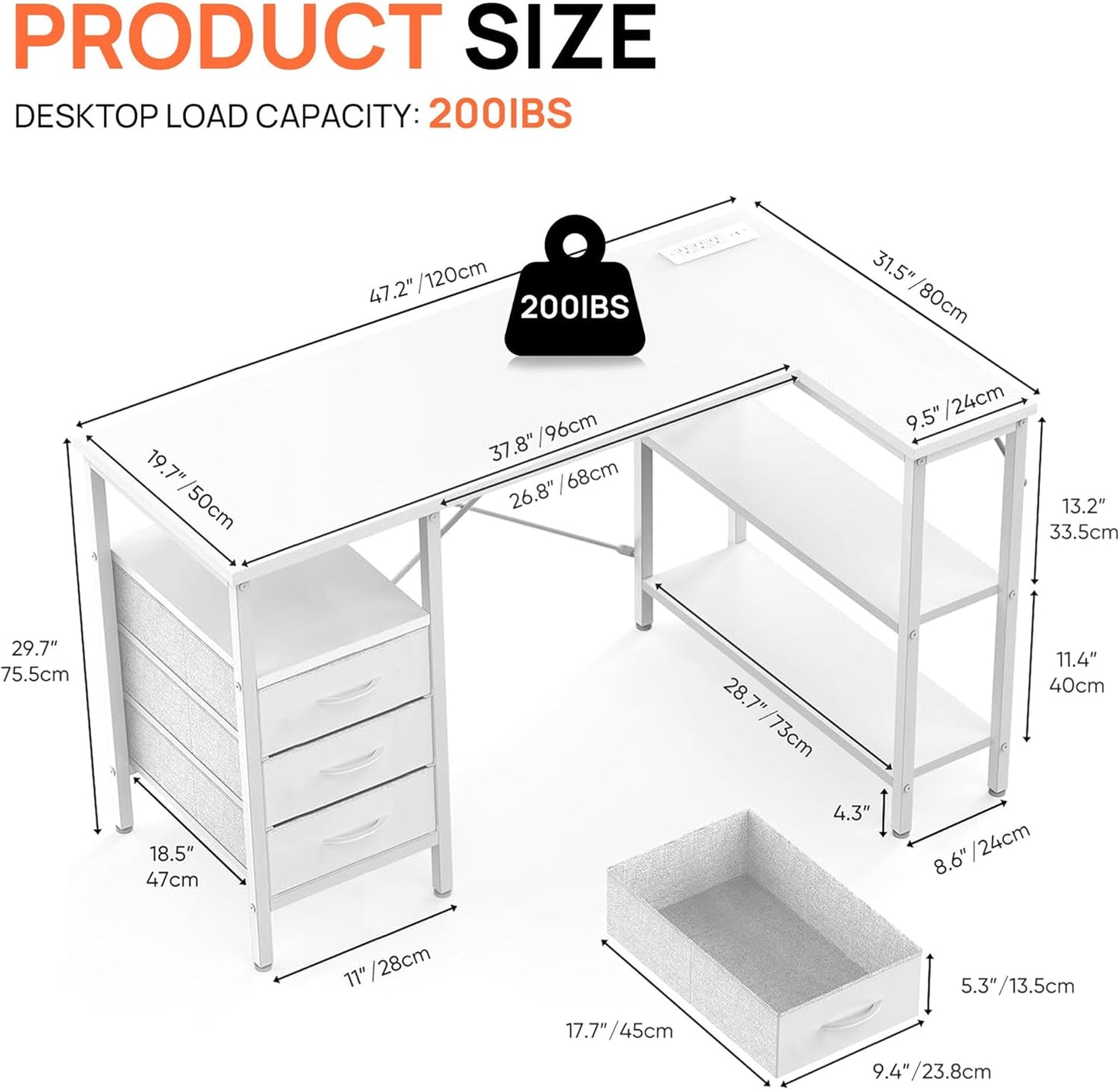 Alpen L Shaped Computer Desk, 47.2 Inch Corner Desk with Drawers and Power Outlets, Home Office Desk for Gaming, Study Writing PC Table with Storage and Reversible Shelf, White