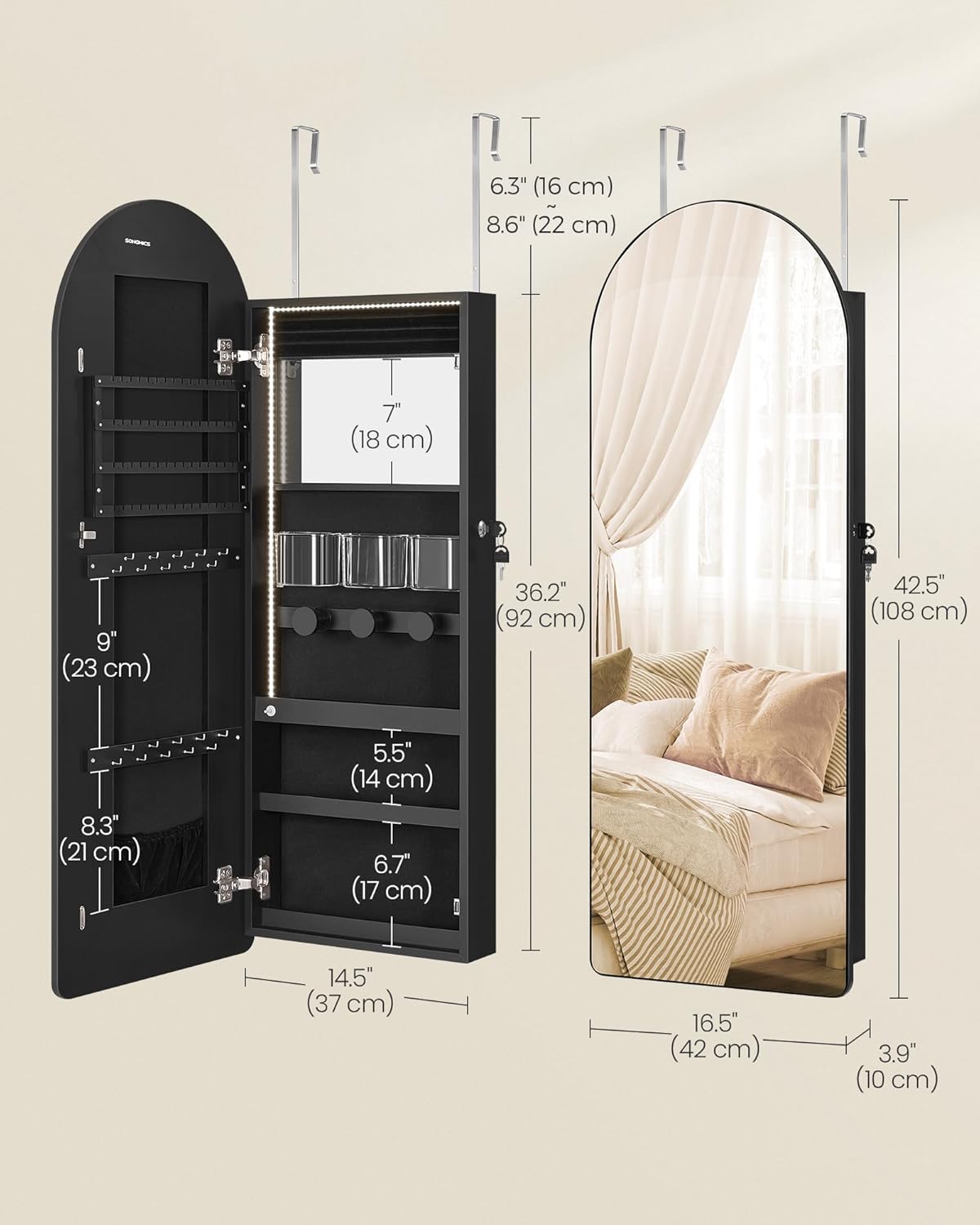 SONGMICS Wide Jewelry Organizer, LED Jewelry Cabinet Wall/Door Mounted, Arched Mirror with Storage, Lockable, Rounded Corner, Interior Mirror, 3.9 x 16.5 x 42.5 Inches, Ink Black UJJC020B01