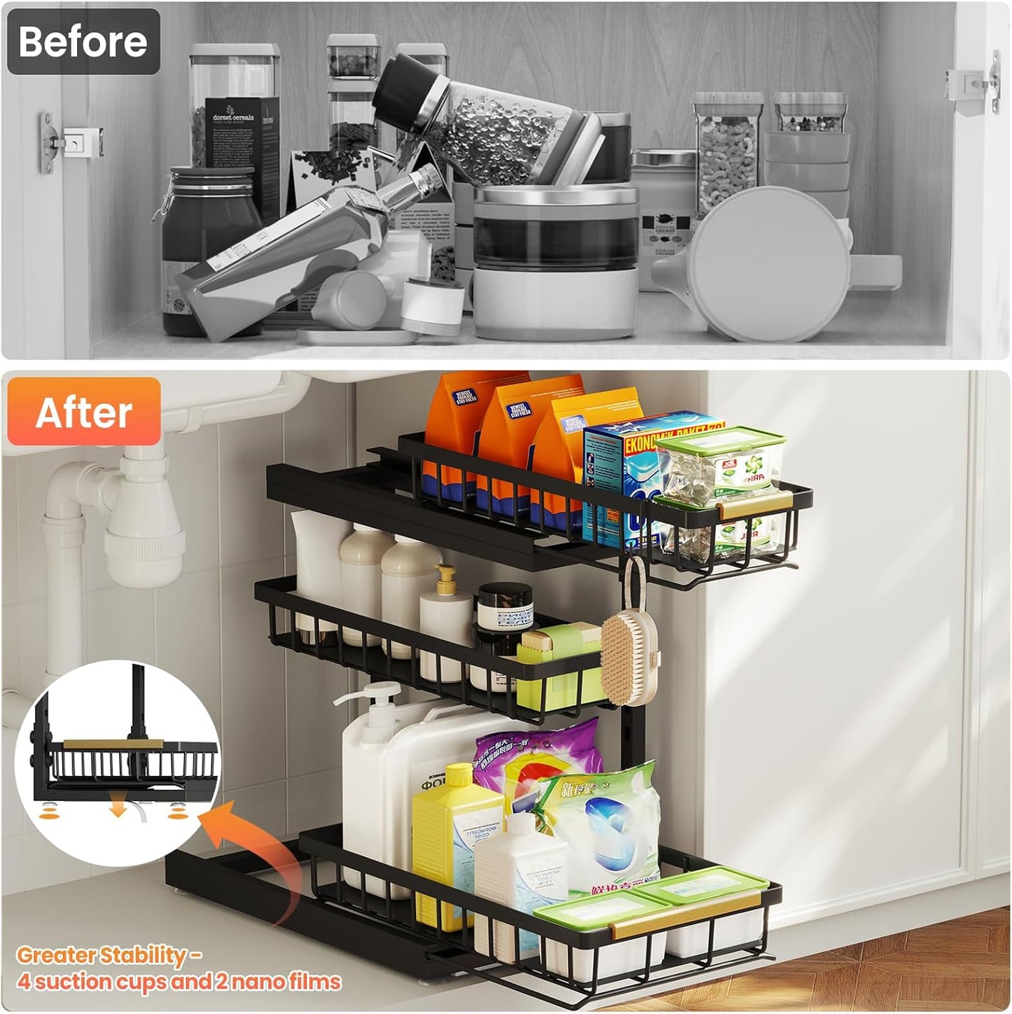 Under Sink Organizer and Storage for Bathroom and Kitchen - 2 Pack 3 Tier Under Cabinet Pull Out Shelf Organizers - Slide Out Drawer Organization for Home Cabinets Shelves and Drawers