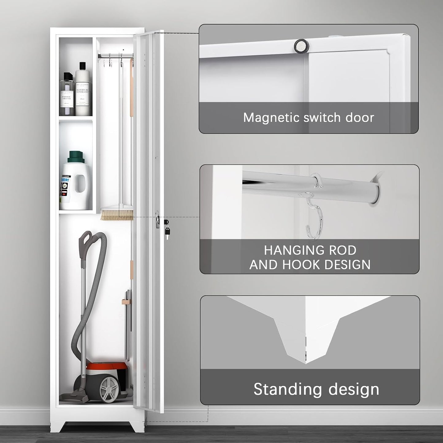 LUCYPAL Broom Closet Storage Cabinet,65" H Metal Cleaning Tool Cabinets with Hooks and Hanging Rods,Slim Utility Closet Cabinet for Garage,Utility Room,Gym,Mops,Kitchen,White