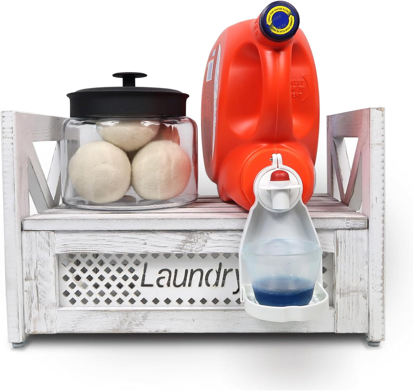 Laundry Detergent Holder, Farmhouse Wooden Laundry Station Dispenser Storage Space Holds Liquid Detergent Tub and Fabric Softener Tub, Rustic Grey