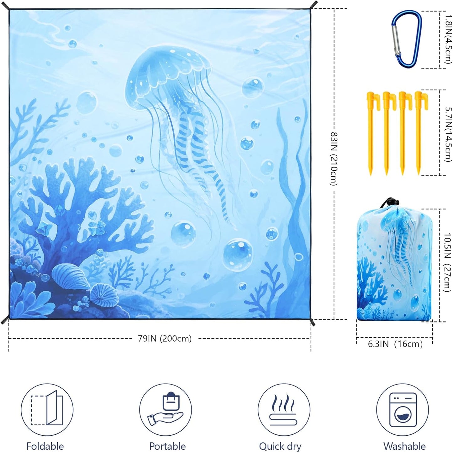 WIWIGO Beach Blanket Waterproof Sandproof Beach Mat 79" X 83"/10'x9'for 2-8 Adults Quick Drying Outdoor Picnic Mat Beach Accessories for Travel, Camping, Hiking