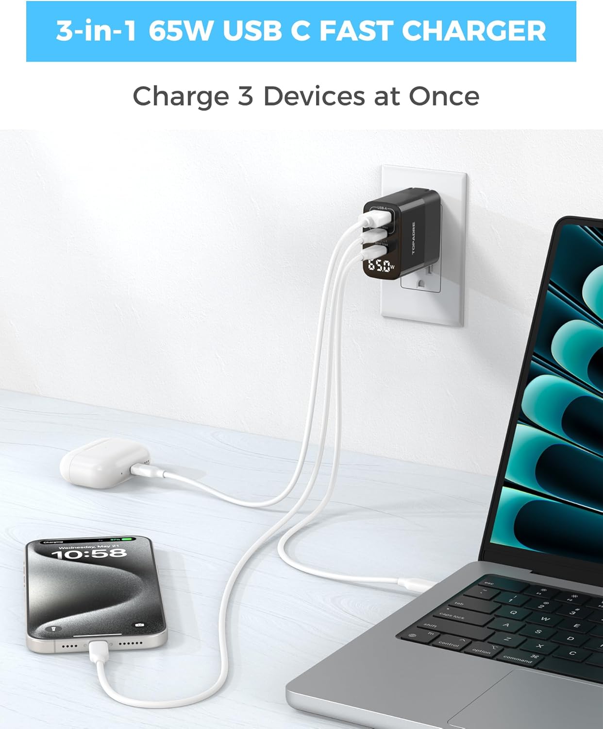 65W USB C Charger Block with Led Display, 3 Ports GaN Wall Charger Foldable Compact Type C Fast Charging for MacBook iPad Pro/Air, iPhone 17/16 Pro/Pro Max, for Samsung Galaxy S25/S24, Black