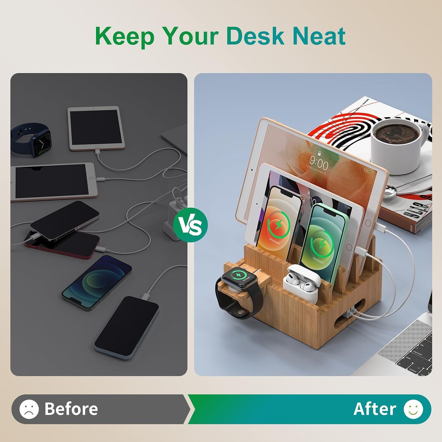 Pezin & Hulin Cell Phone Charging Stations with Watch Holder | Bamboo Dock Organizer for Multi Devices, Tablets, Smart Watch, No Power Charger Supply