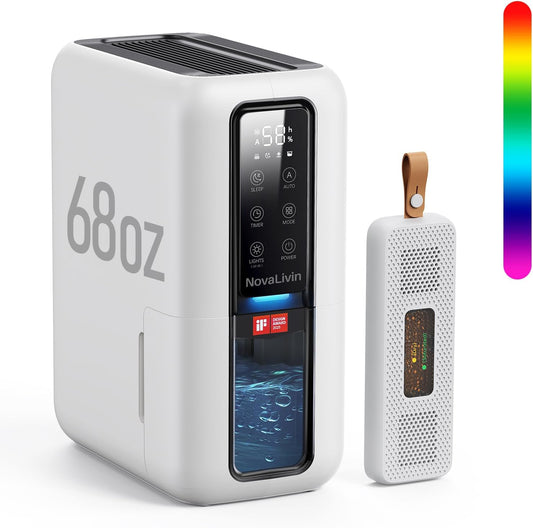 Dehumidifier for Home, Dehumidifiers for Bathroom, Bedroom, Living room, Closet with 68 OZ Water Tank, Moisture Absorbers, Auto Shut Off, Auto Humidity Control, 7 Colors LED Light, White