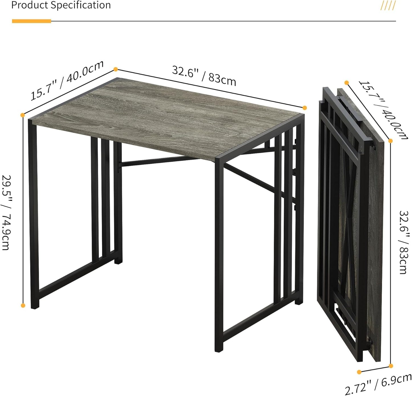 Lutown-Teen 32 inch Small Folding Desk, Writing Gaming Computer Camping Desk for Small Spaces, No Assembly Required Home Office Desk, Black Oak