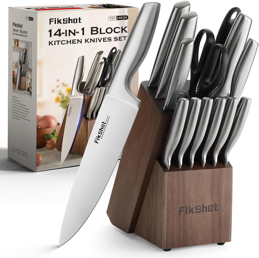 FIKSHOT 14 Pieces Knife Block Set German Stainless Steel with Block, Razor-Sharp Santoku Knives, Fruit & Kitchen Knives, Rust Resistant for Homecooks (Silver + Walnut)