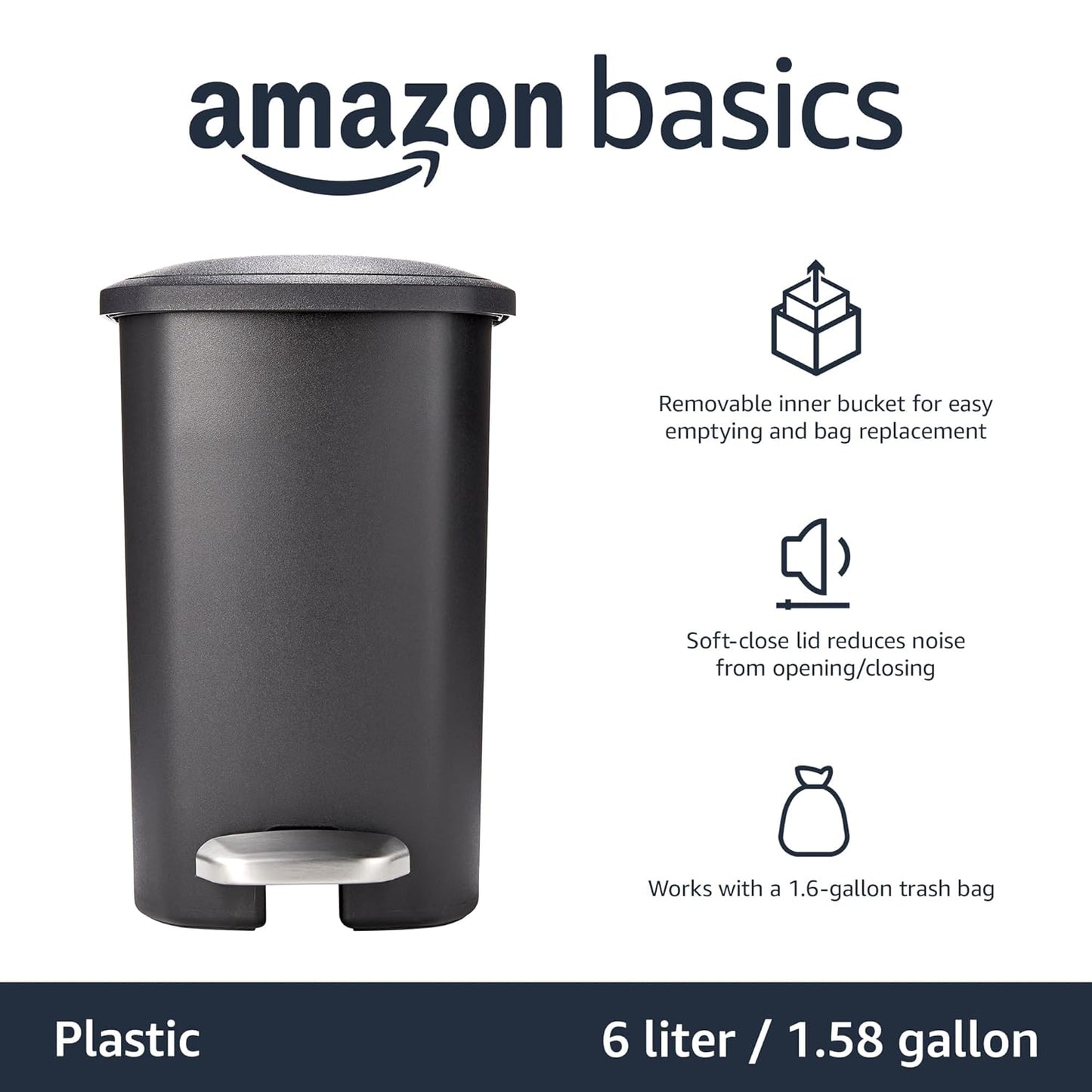Amazon Basics Compact Plastic Bathroom Trash Can with Soft-Close Lid, Hands-Free Foot Pedal, Removable Inner Bucket, 6L / 1.6 Gallon, Black