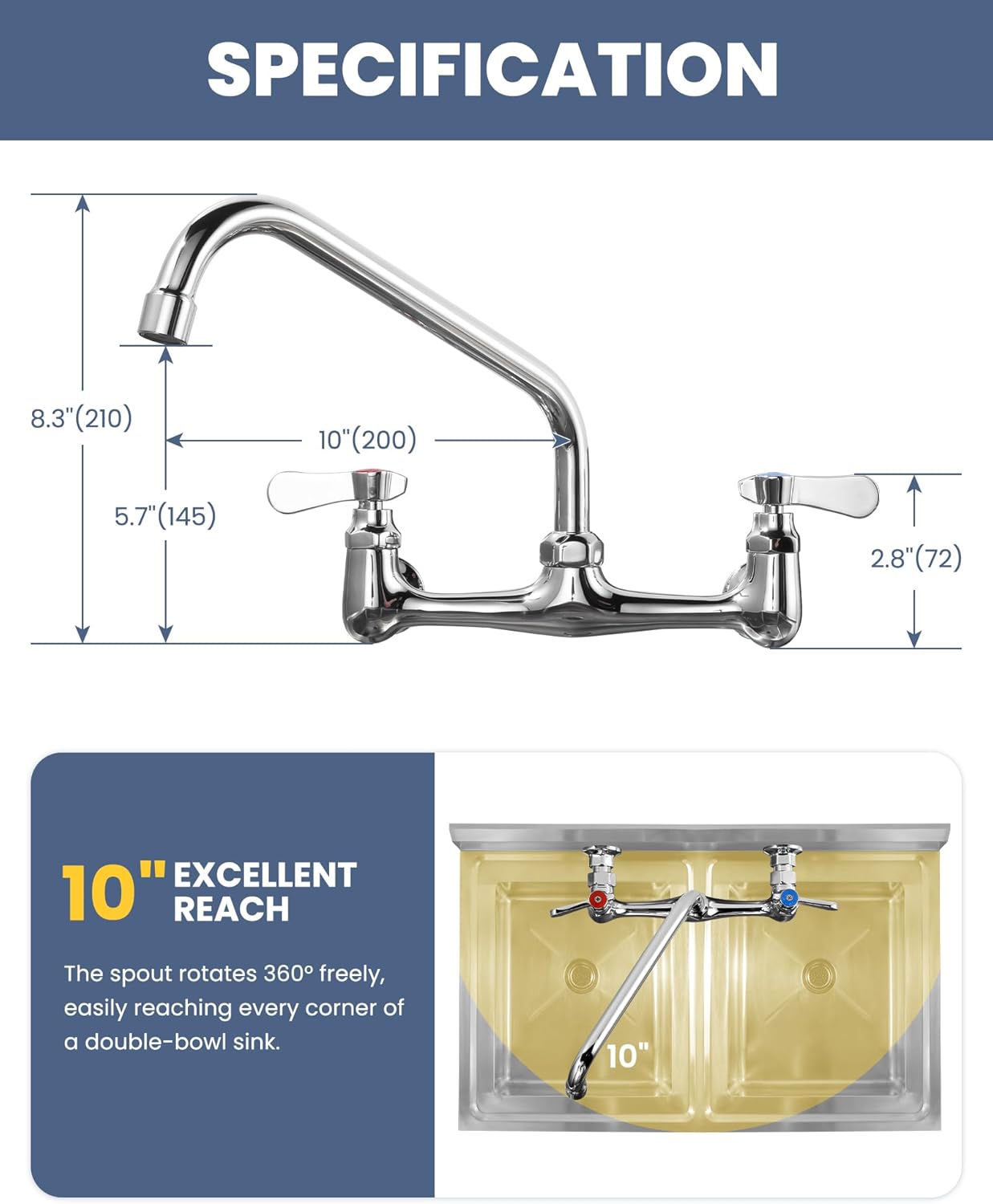 Commercial Sink Faucet with 10” Swivel Spout, 8" Center Wall Mount Kitchen Faucet, Dual Handles Brass Utility Sink Faucet for Laundry Room Restaurant Compartment Sink, Polish Chrome
