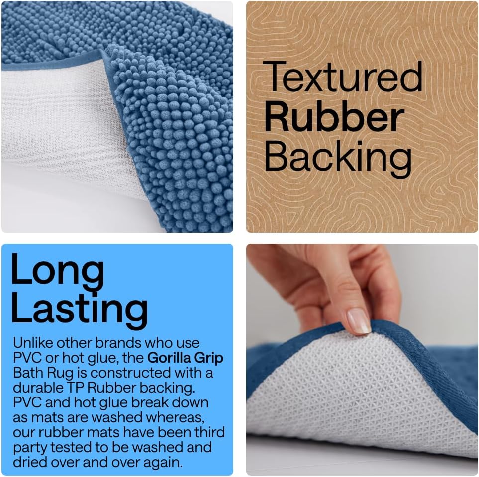 GORILLA GRIP Bath Rug Mat, Thick Soft Absorbent Chenille, Quick Dry Microfiber Mats, Rubber Backing Washable Shower Floor Rugs, US Designed Bathroom Bathmat Home Decor Accessories, 24x17, Blue
