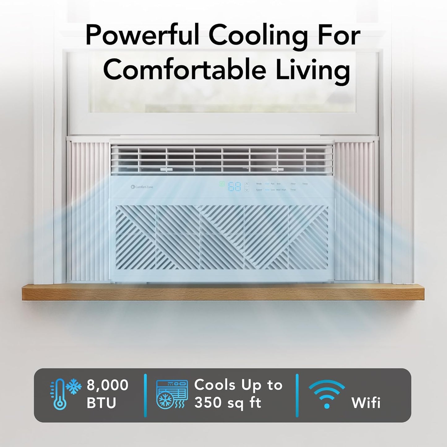 Comfort Zone Window Mounted Smart Wi-Fi Room Air Conditioner with Remote Control, 8,000 BTU, Digital Display, 4 Speed Settings, 4 Mode Settings, 24-Hour Timer, Sleep Setting, and Eco Mode, CZ12758
