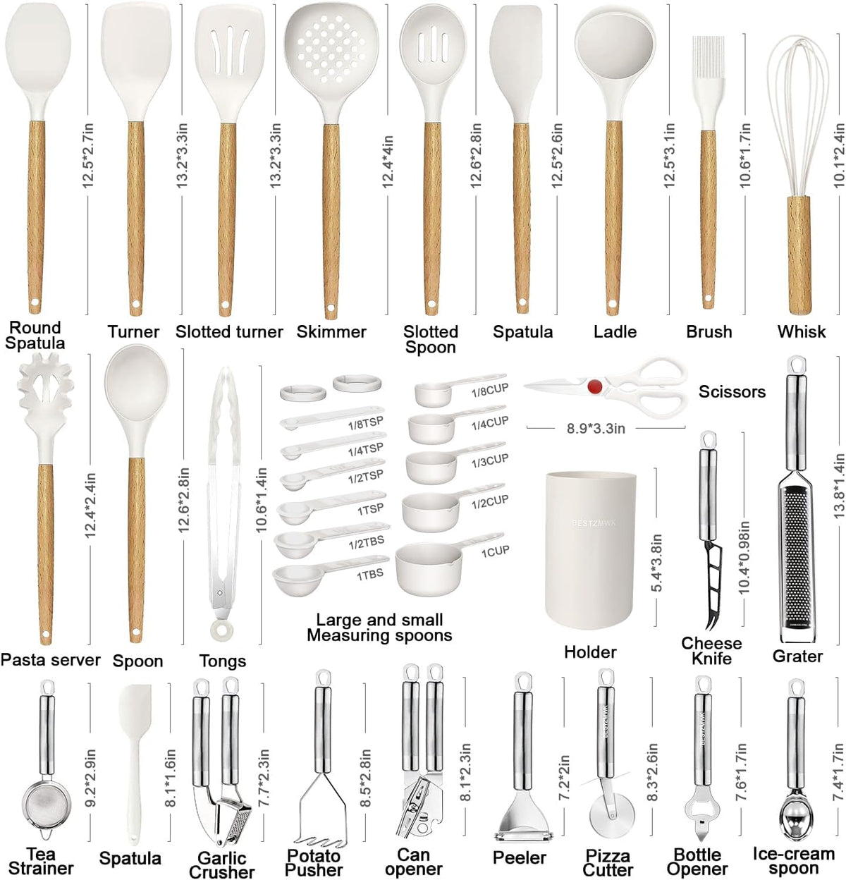 Cooking Utensils Set- 35 PCs Kitchen Utensils with Grater,Tongs, Spoon Spatula &Turner Made of Heat Resistant Food Grade Silicone and Wooden Handles Kitchen Gadgets Tools Set for Cookware