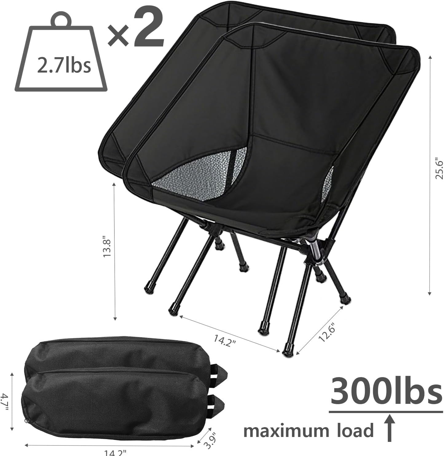 Wind Tour Portable Camping Chair Lightweight Foldable Outdoor Chair for Hiking Camp Backpacking Lawn Beach Fishing Picnic with Carry Bag (Black-2)